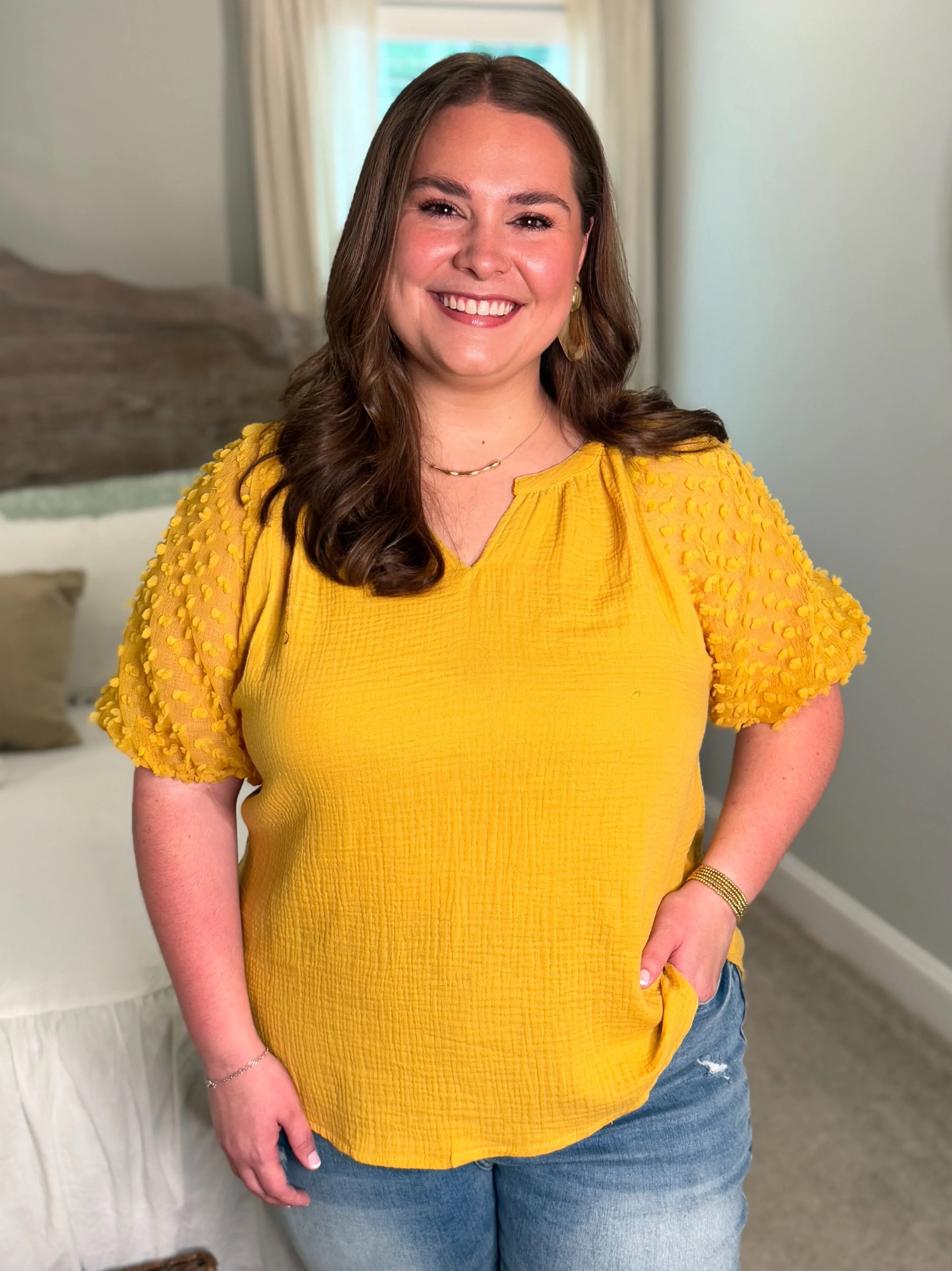HOPE Plus Size Puff Sleeve Linen Top (Honey) - Sassy and Southern