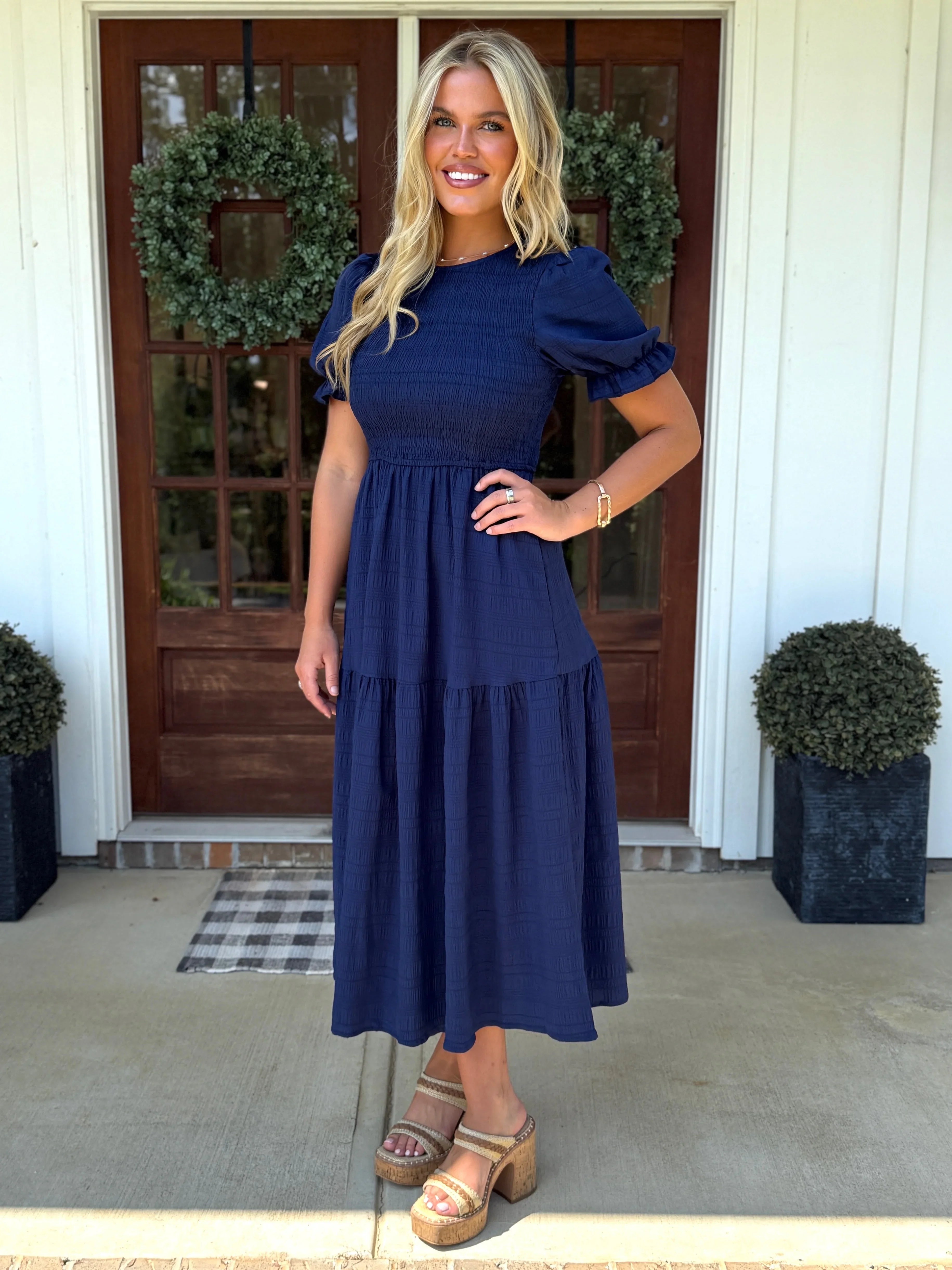 ARIEL Long Textured/Smocked Dress in Blue - Sassy and Southern