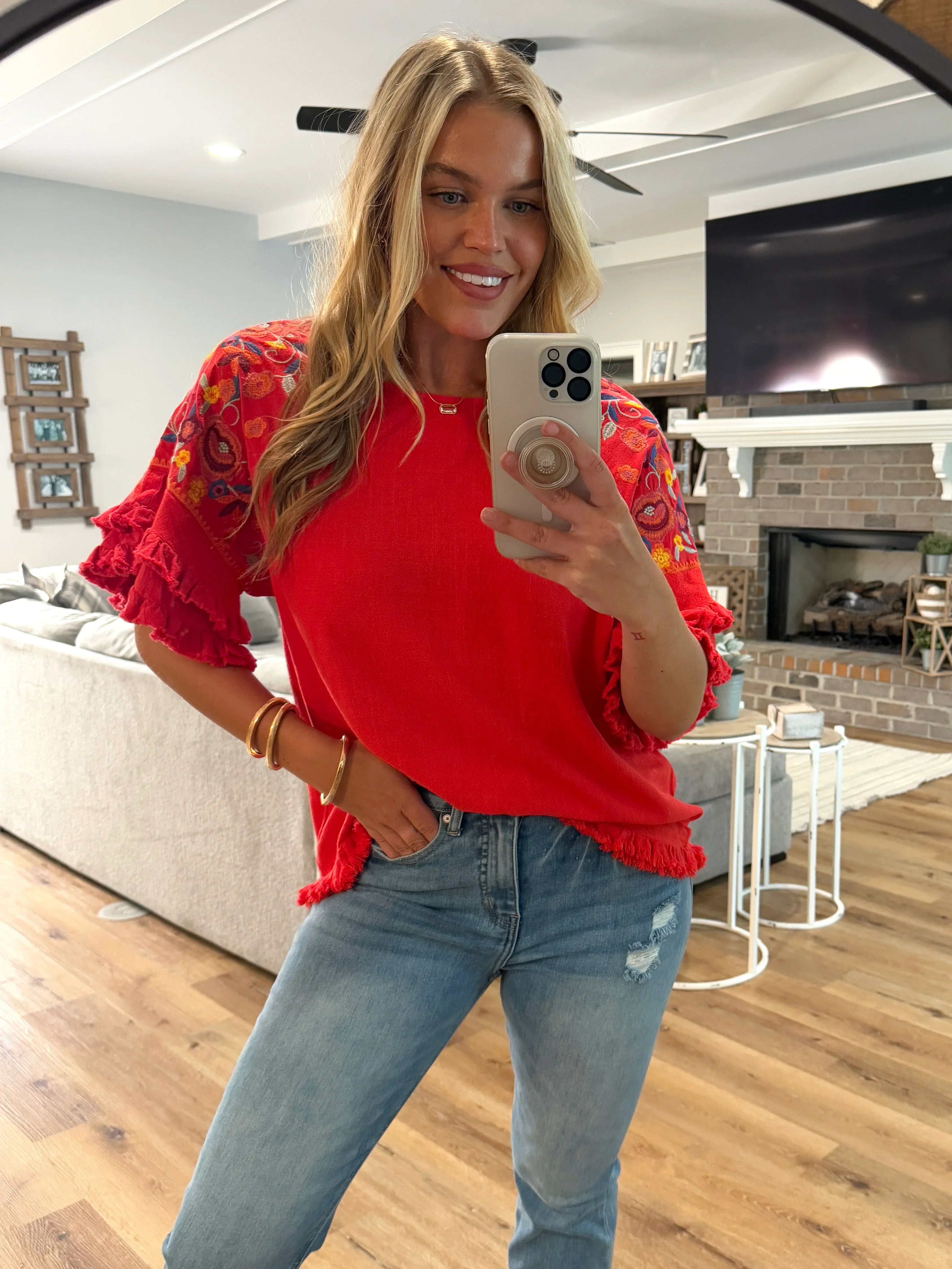STEVIE Red Embroidered Sleeve Ruffle Top (S-2X) - Sassy and Southern