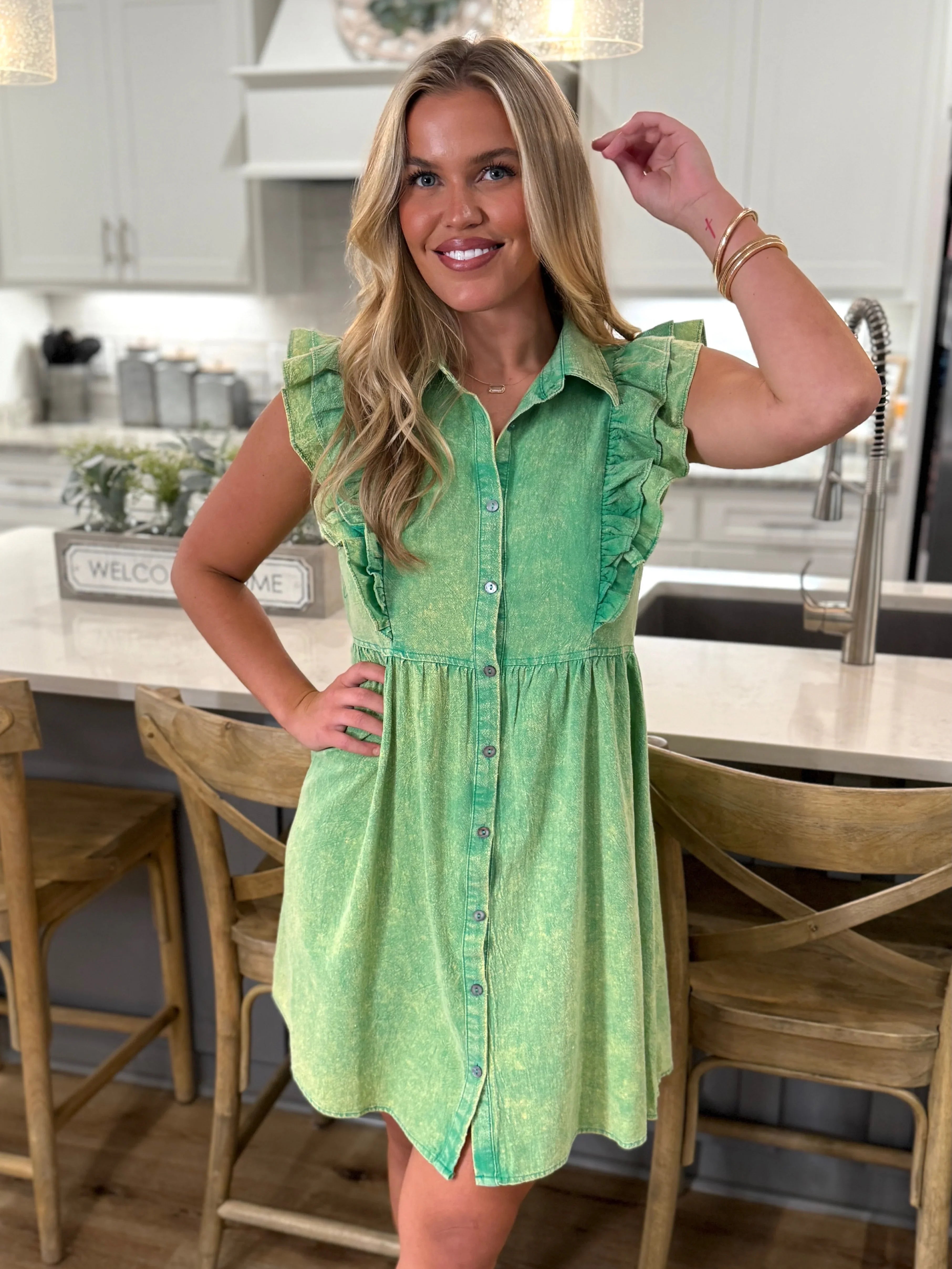 LAINEY Mineral Washed Button Down Dress (Green) - Sassy and Southern