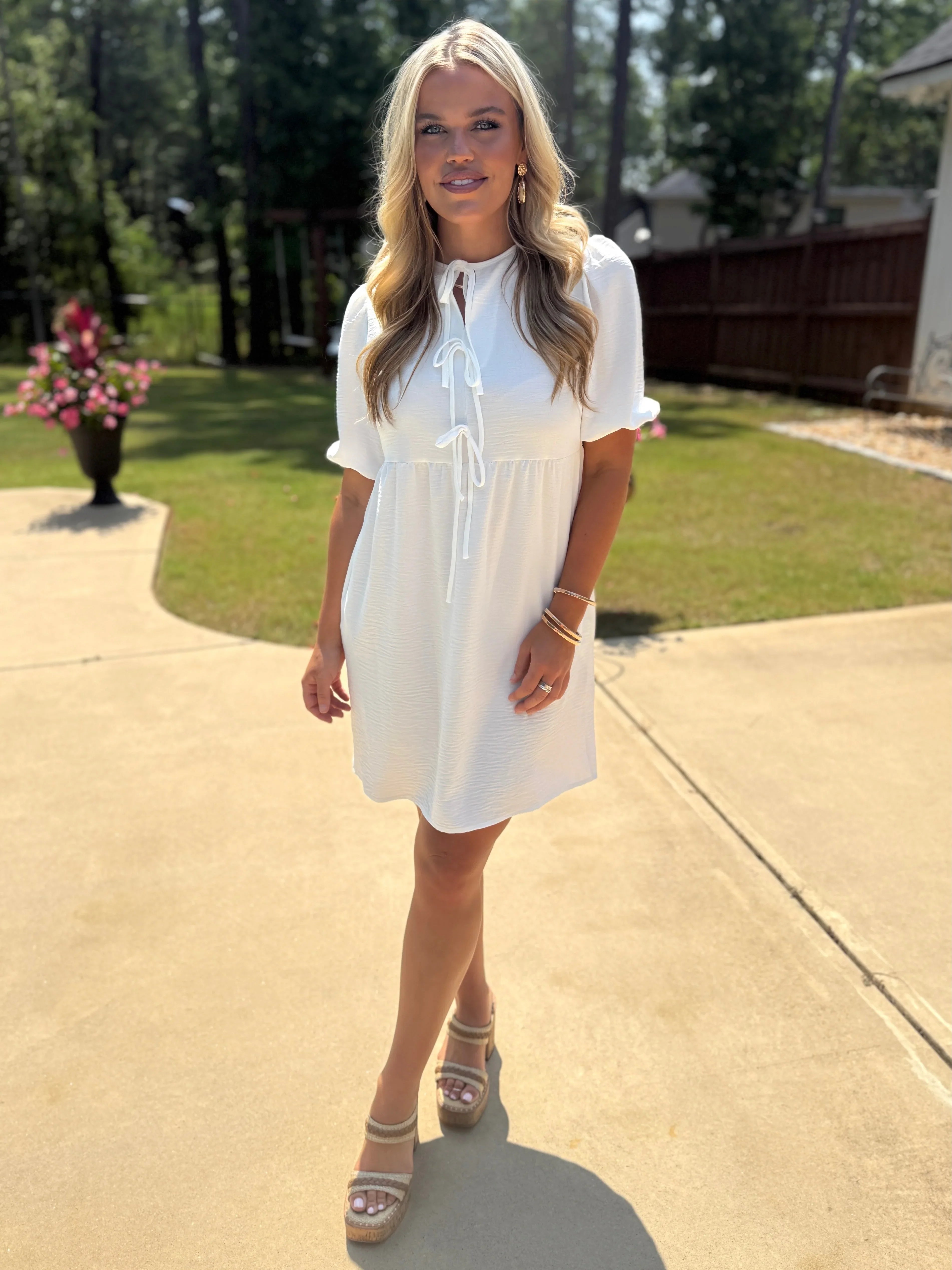 LUCY White Dress With Bow Center - Sassy and Southern