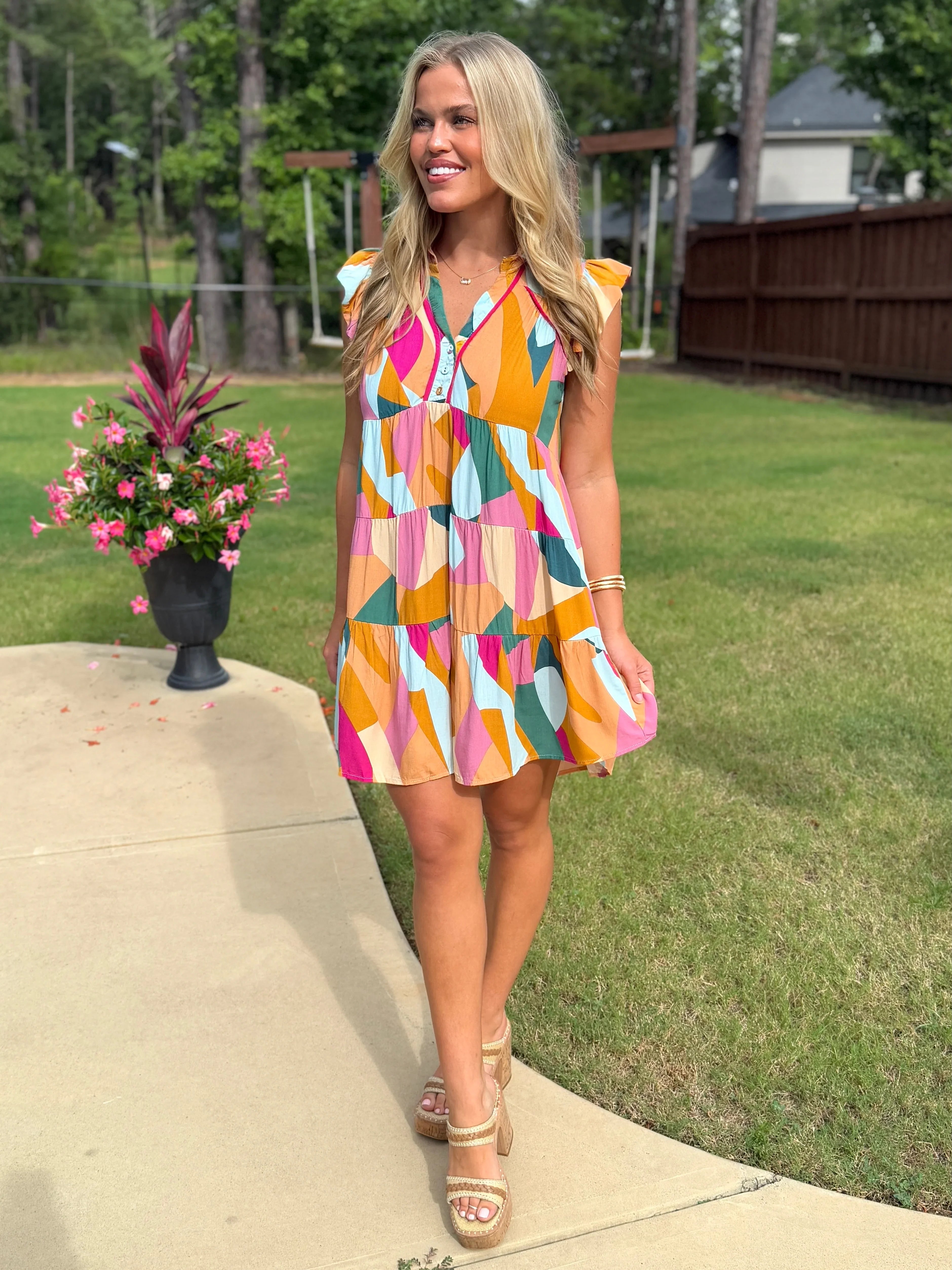LONDON Abstract Print Ruffle Tiered Dress (S-2X) - Sassy and Southern