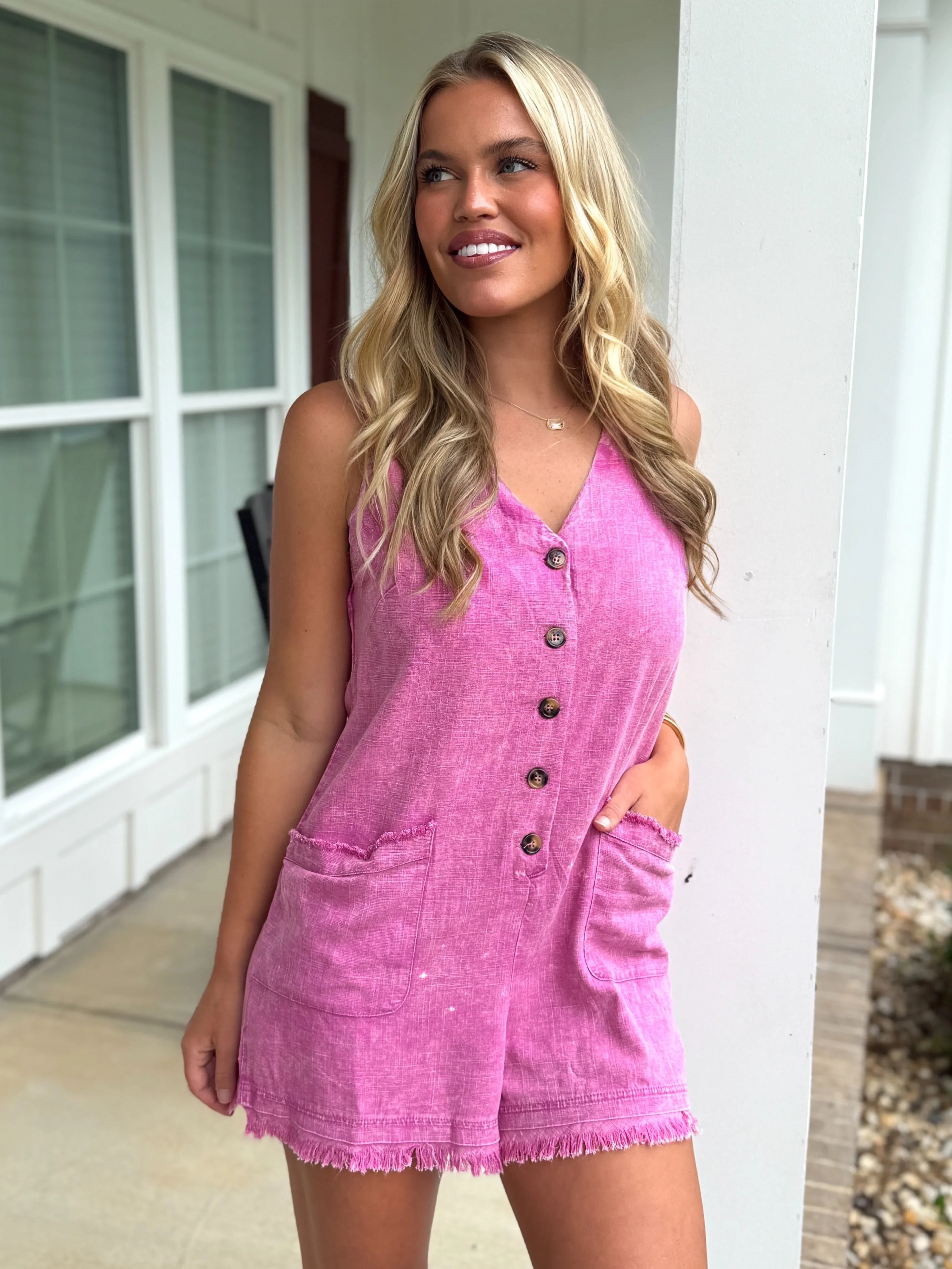 NORAH Pink Mineral Washed Romper - Sassy and Southern