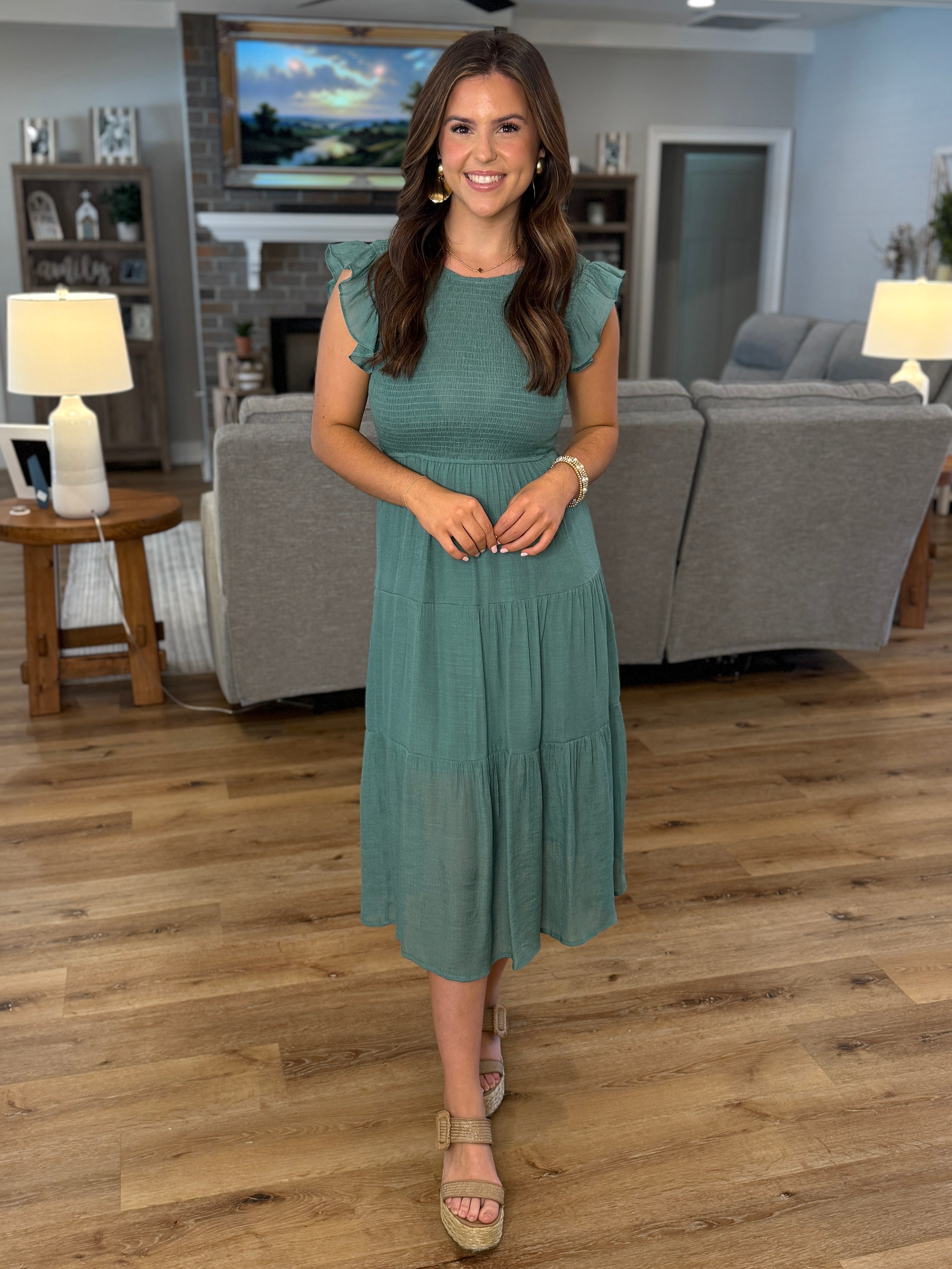 NORA Smocked Midi Dress (Sage) | Women's | Sizes S-XL