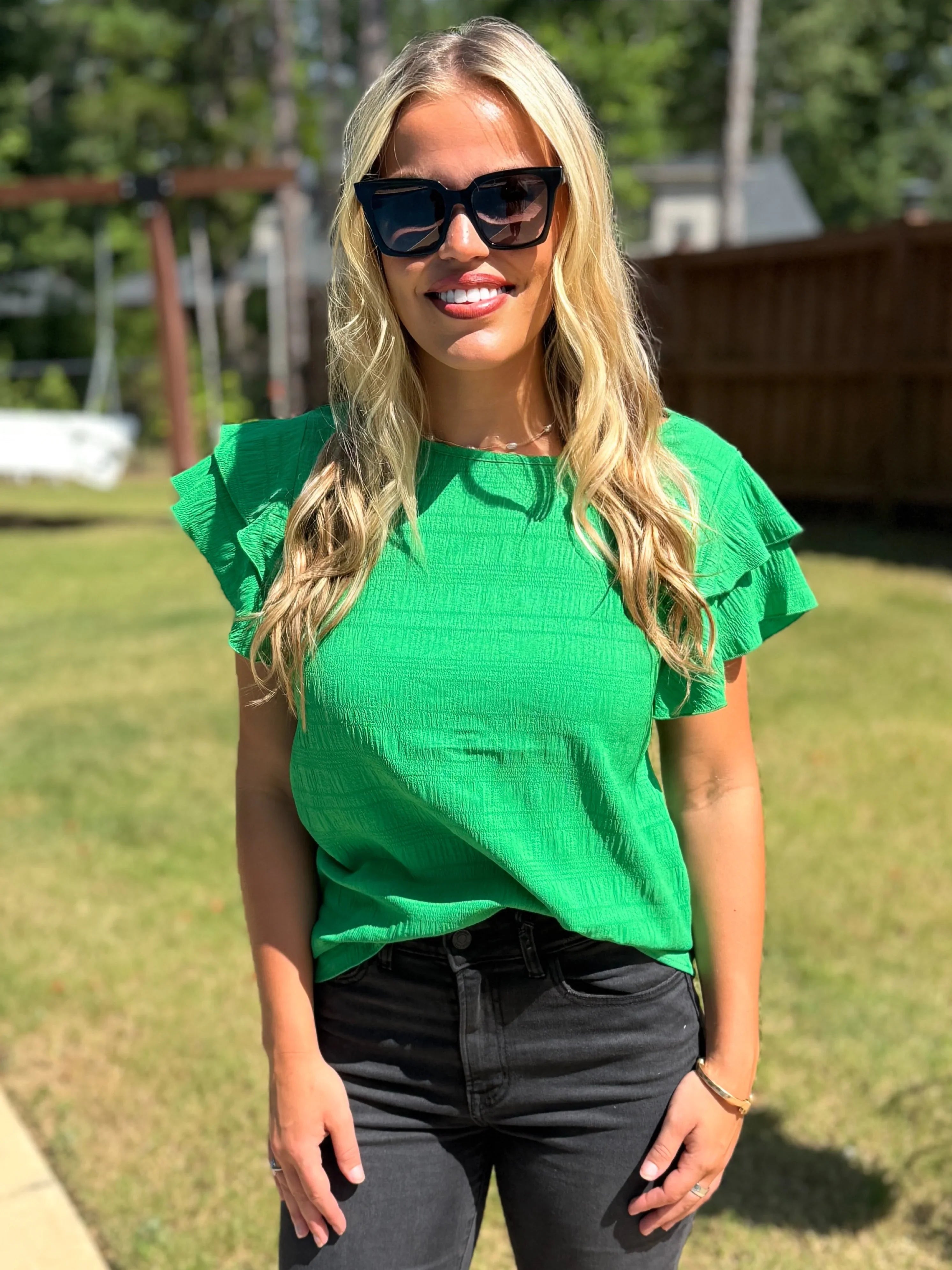 RAELYNN Textured Ruffle Green Top - Sassy and Southern