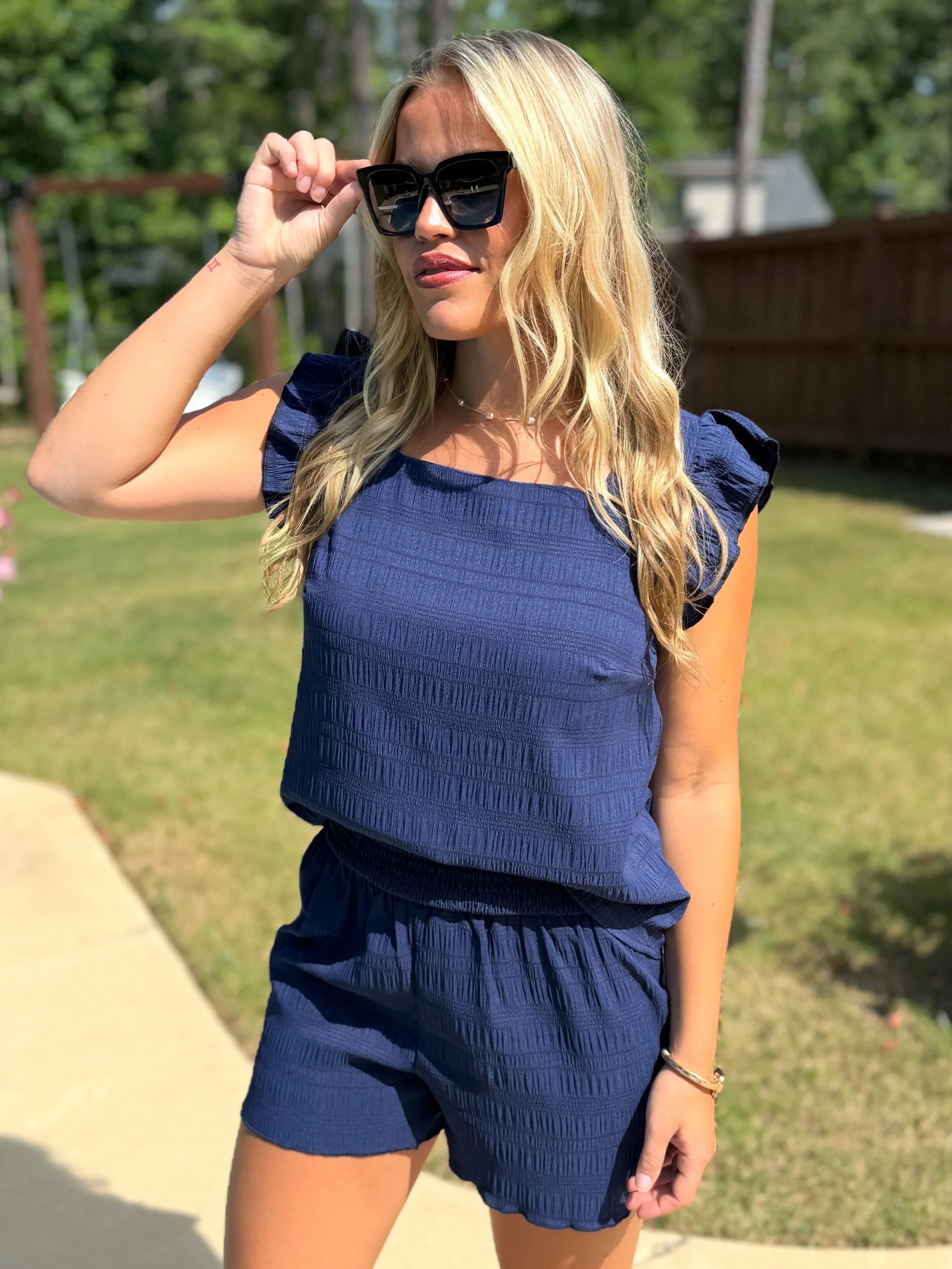MILLIE Navy Textured Top/Shorts Set - Sassy and Southern