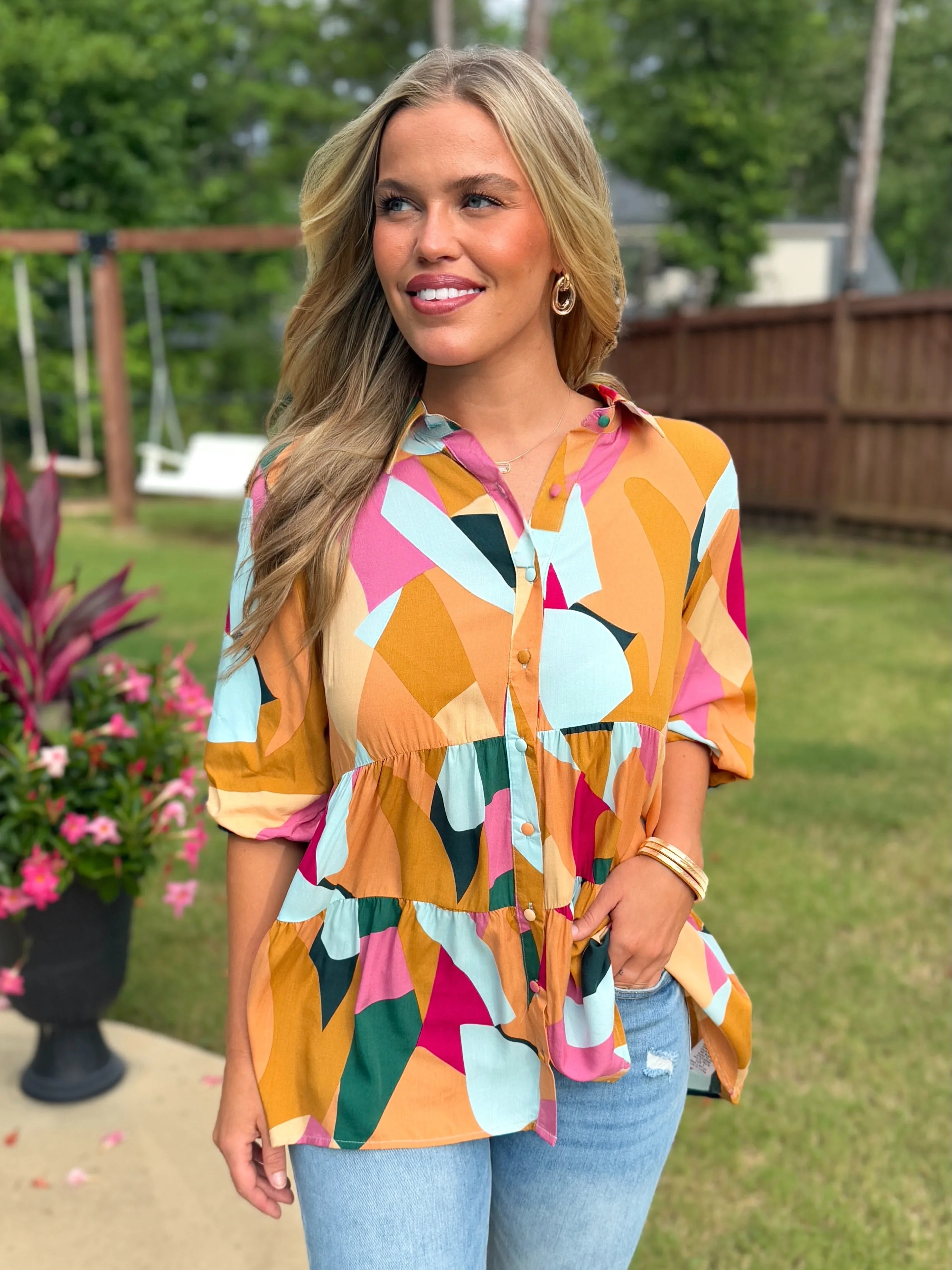PHOEBE Abstract Button Down Top - Sassy and Southern