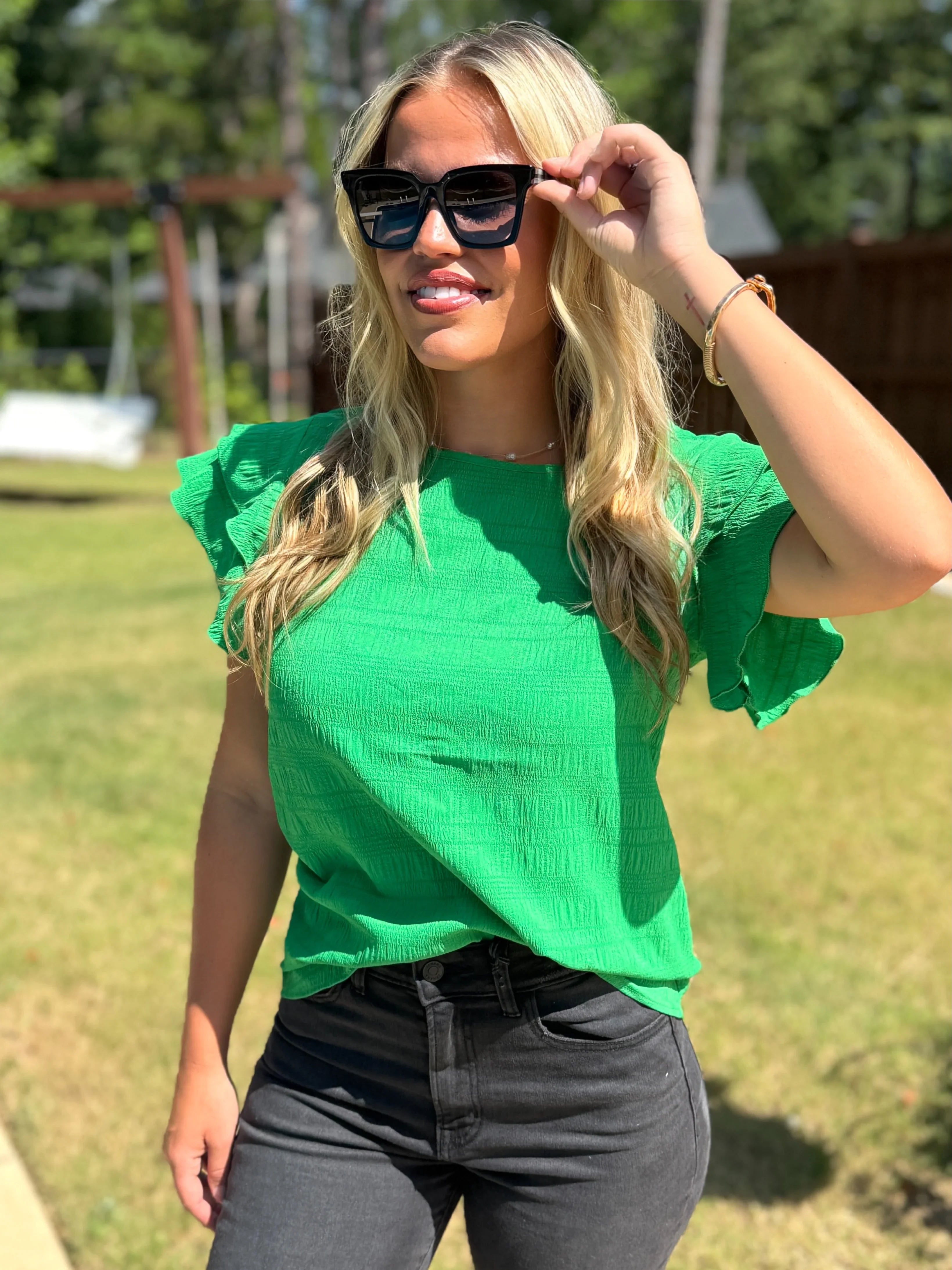 RAELYNN Textured Ruffle Green Top - Sassy and Southern