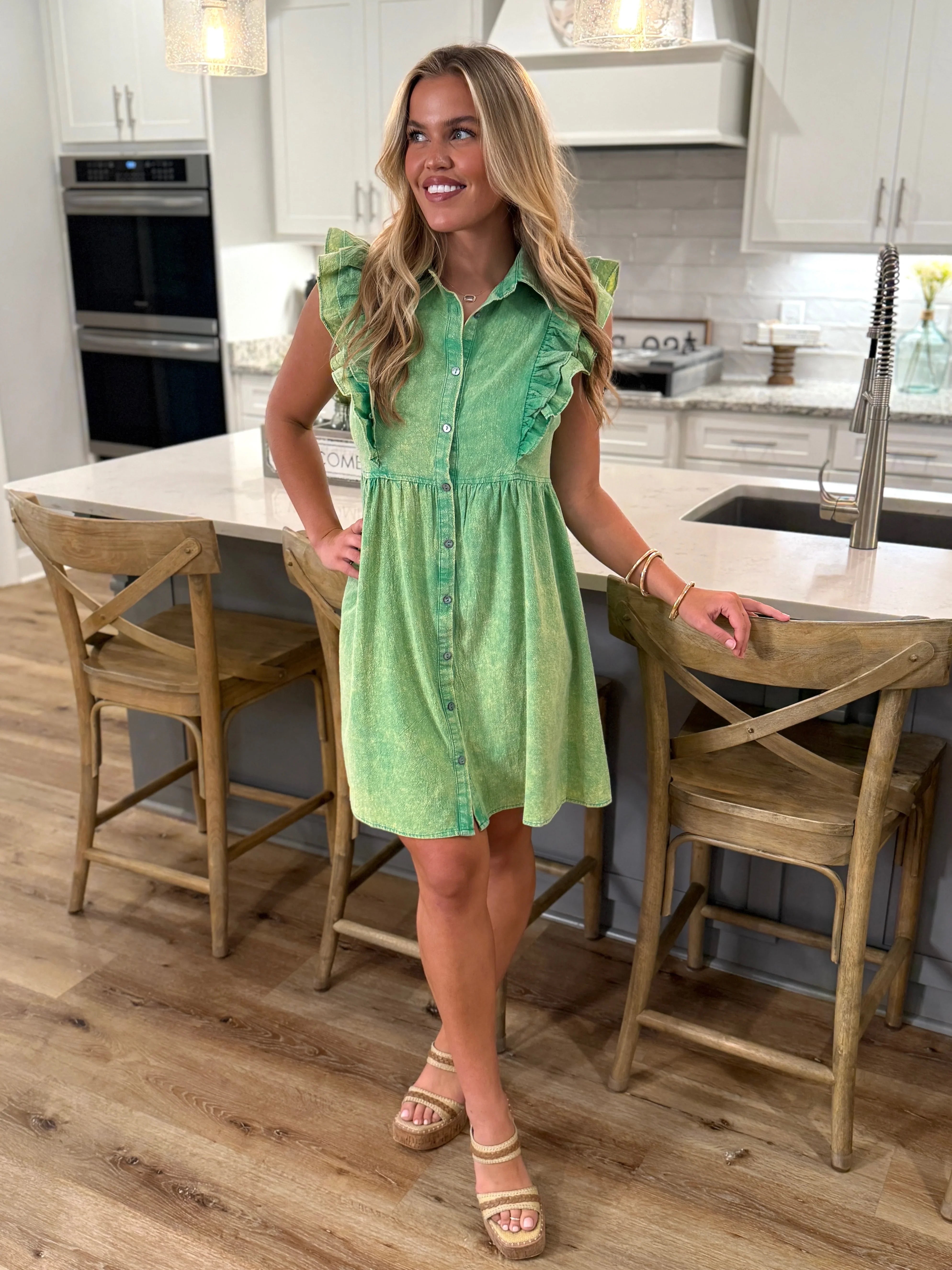 LAINEY Mineral Washed Button Down Dress (Green) - Sassy and Southern