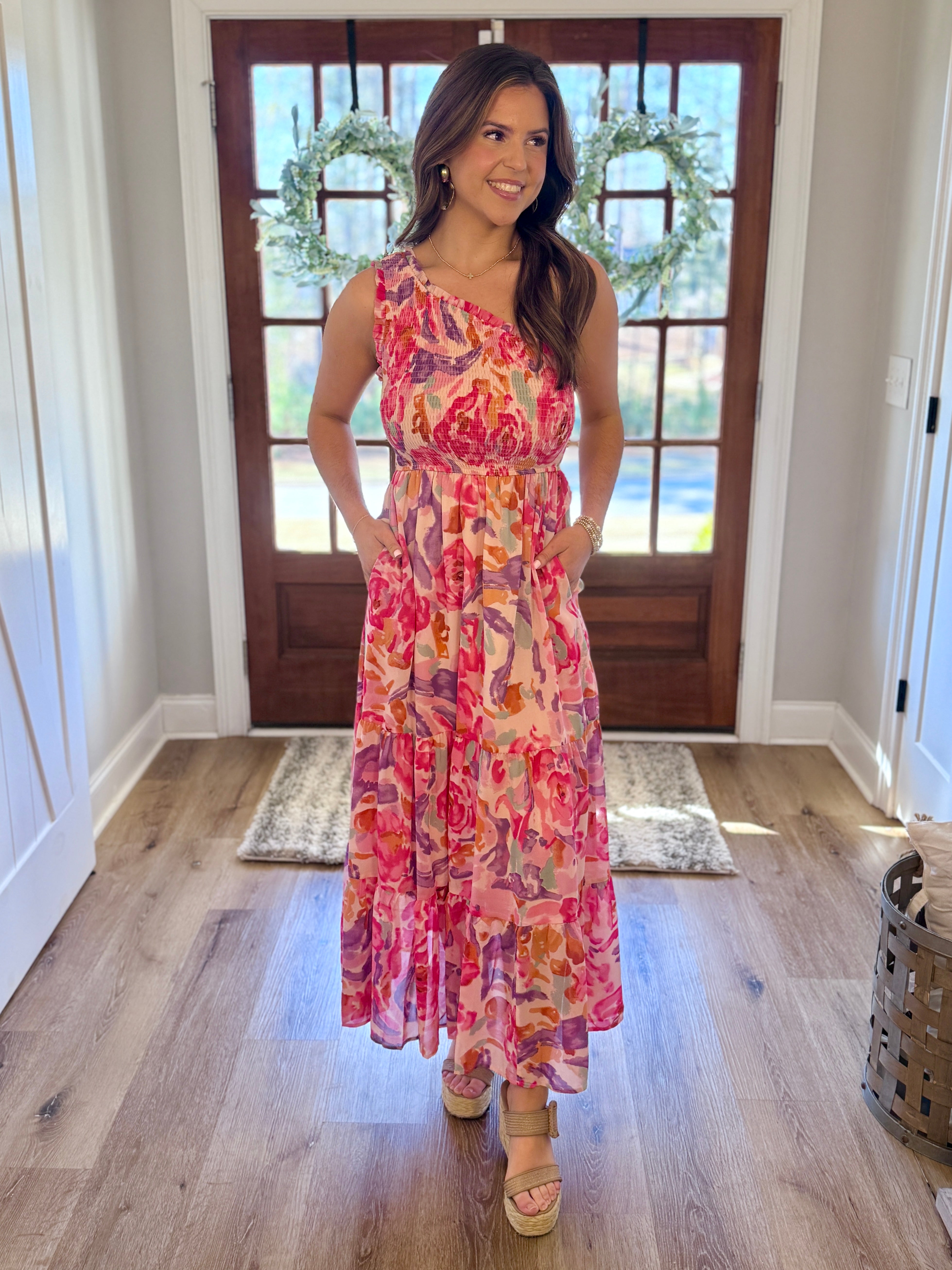ROSE Watercolor Floral One Shoulder Maxi Dress | Women's | Sizes S-XL Large
