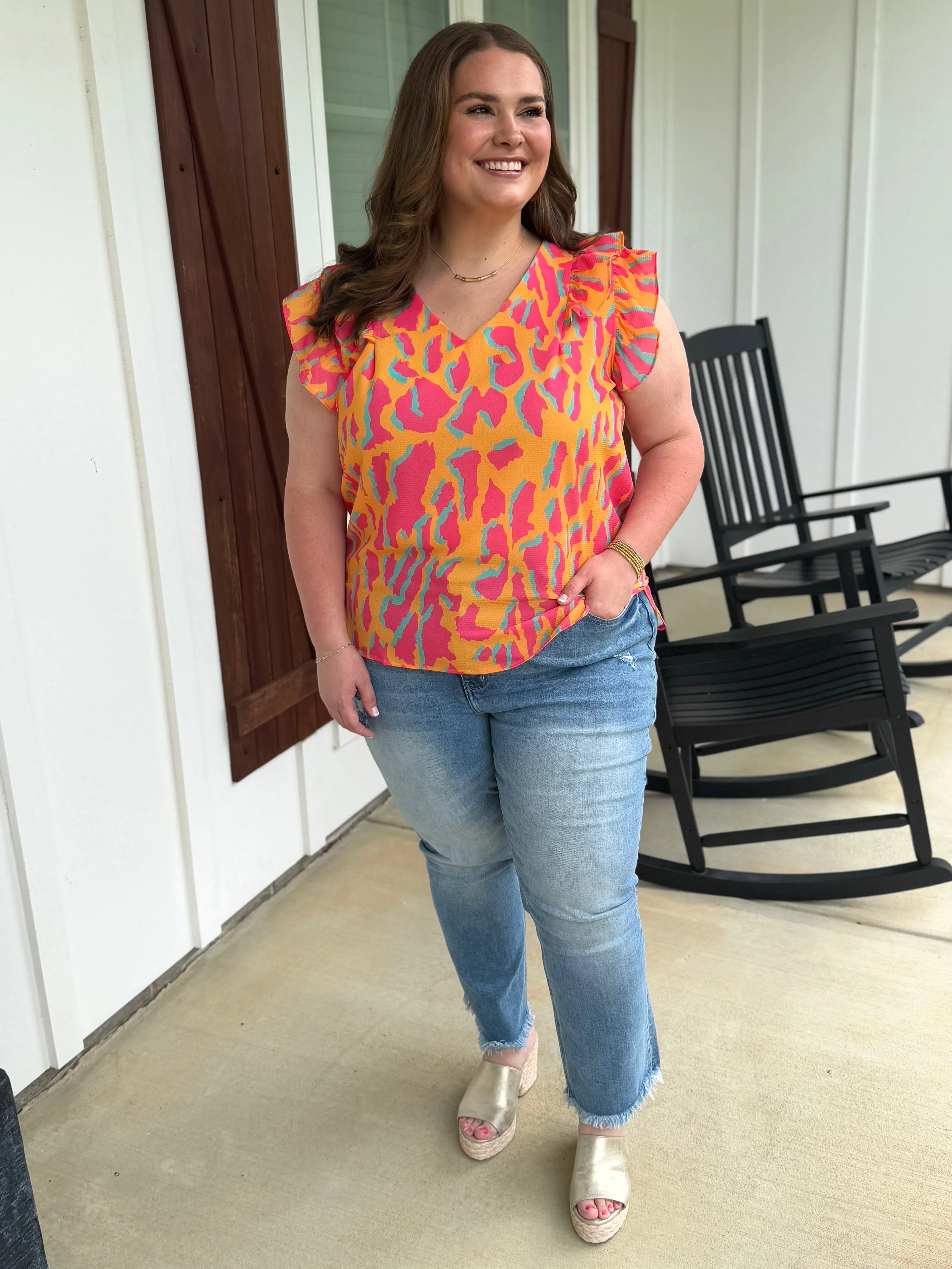 SYDNEY Abstract Print Ruffle Top (S-2X) - Sassy and Southern