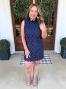 QUINN Sleeveless Polka Dot Lace Dress (Navy) - Sassy and Southern
