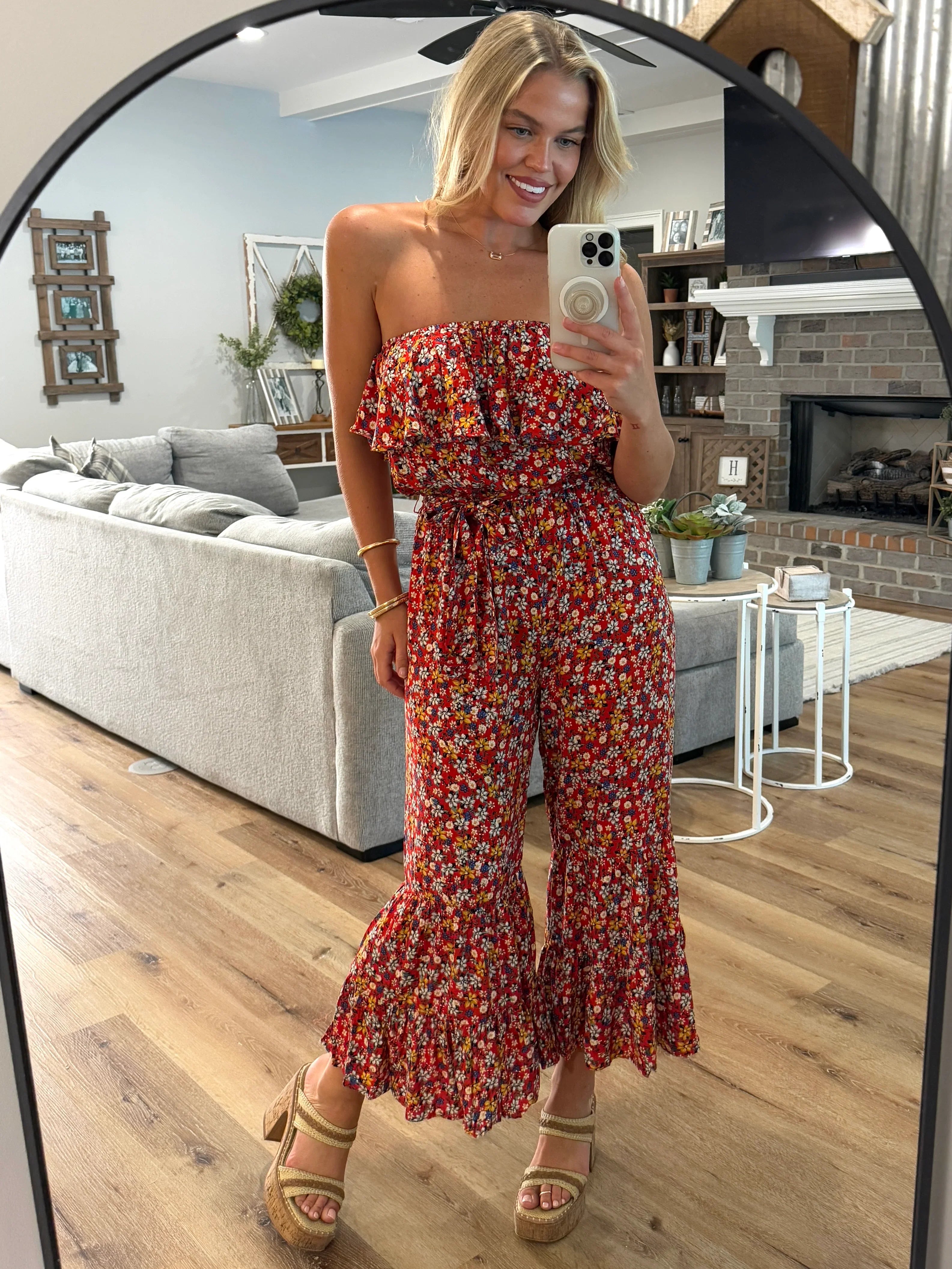 MARIA Floral Print Strapless Jumpsuit (Red mix) - Sassy and Southern