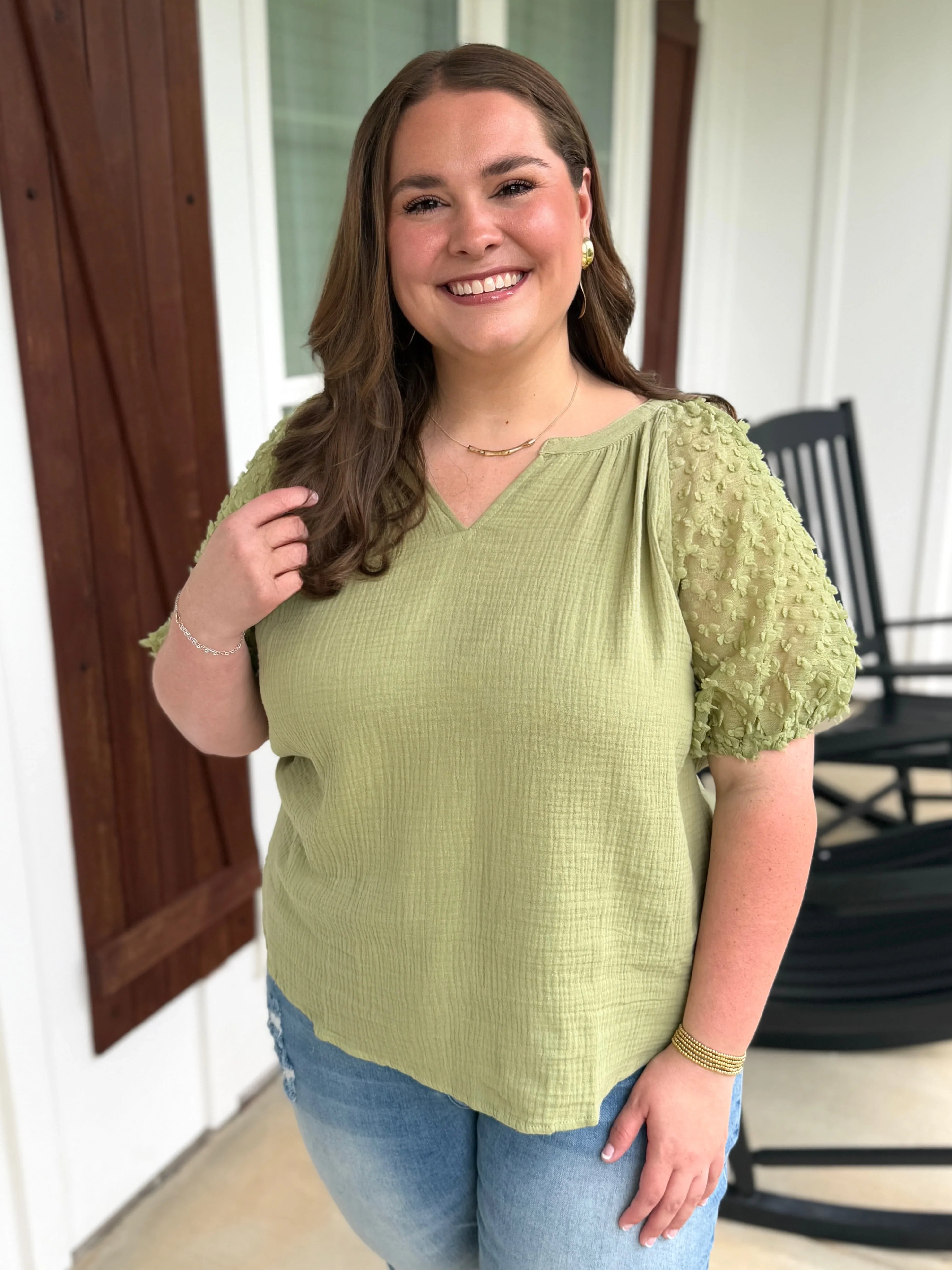 HOPE Puff Sleeve Linen Top (Sage) (S-2X) - Sassy and Southern