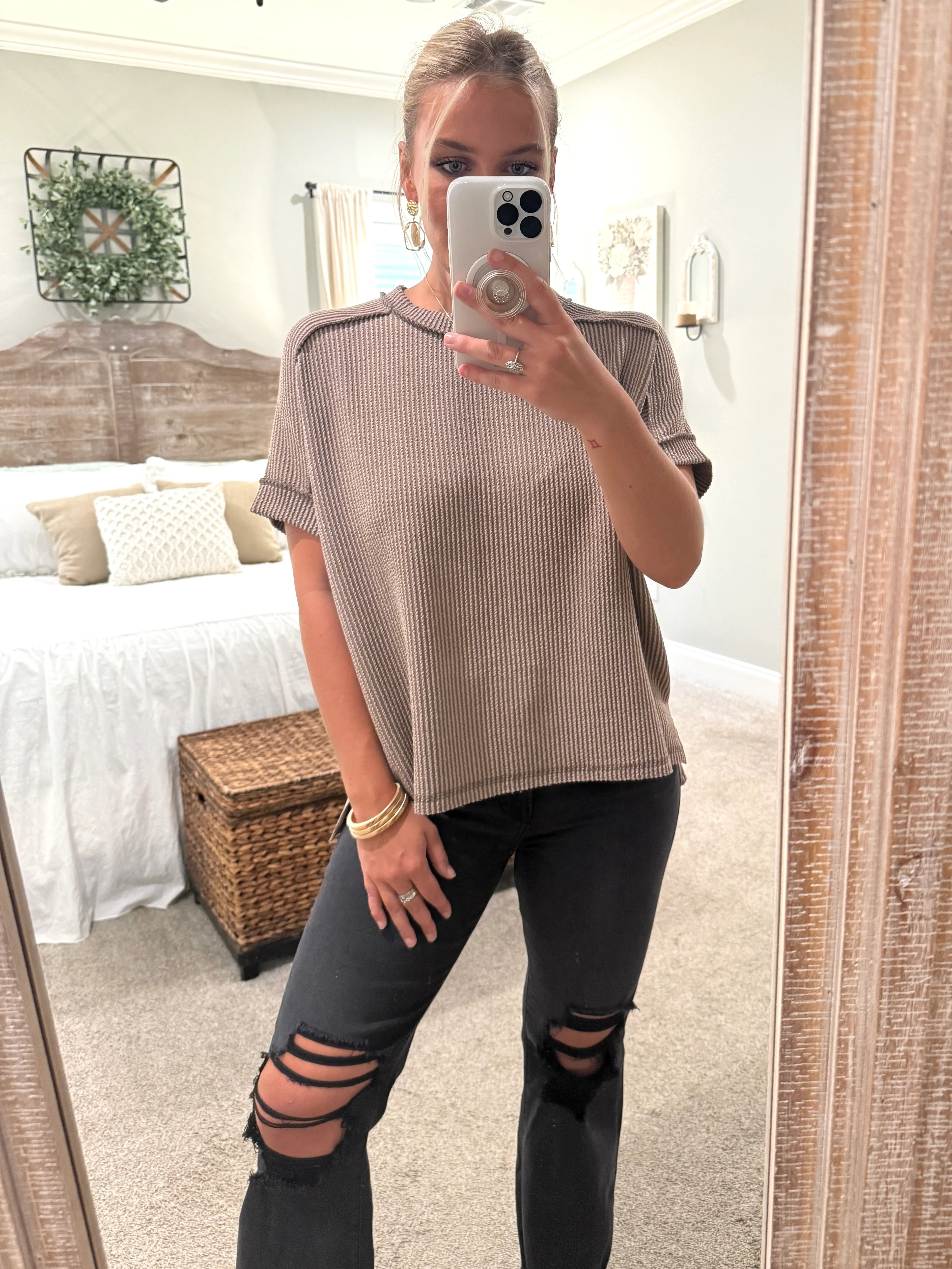 ARIA Corded Raw Edge Top (Mocha) (S-3X) - Sassy and Southern