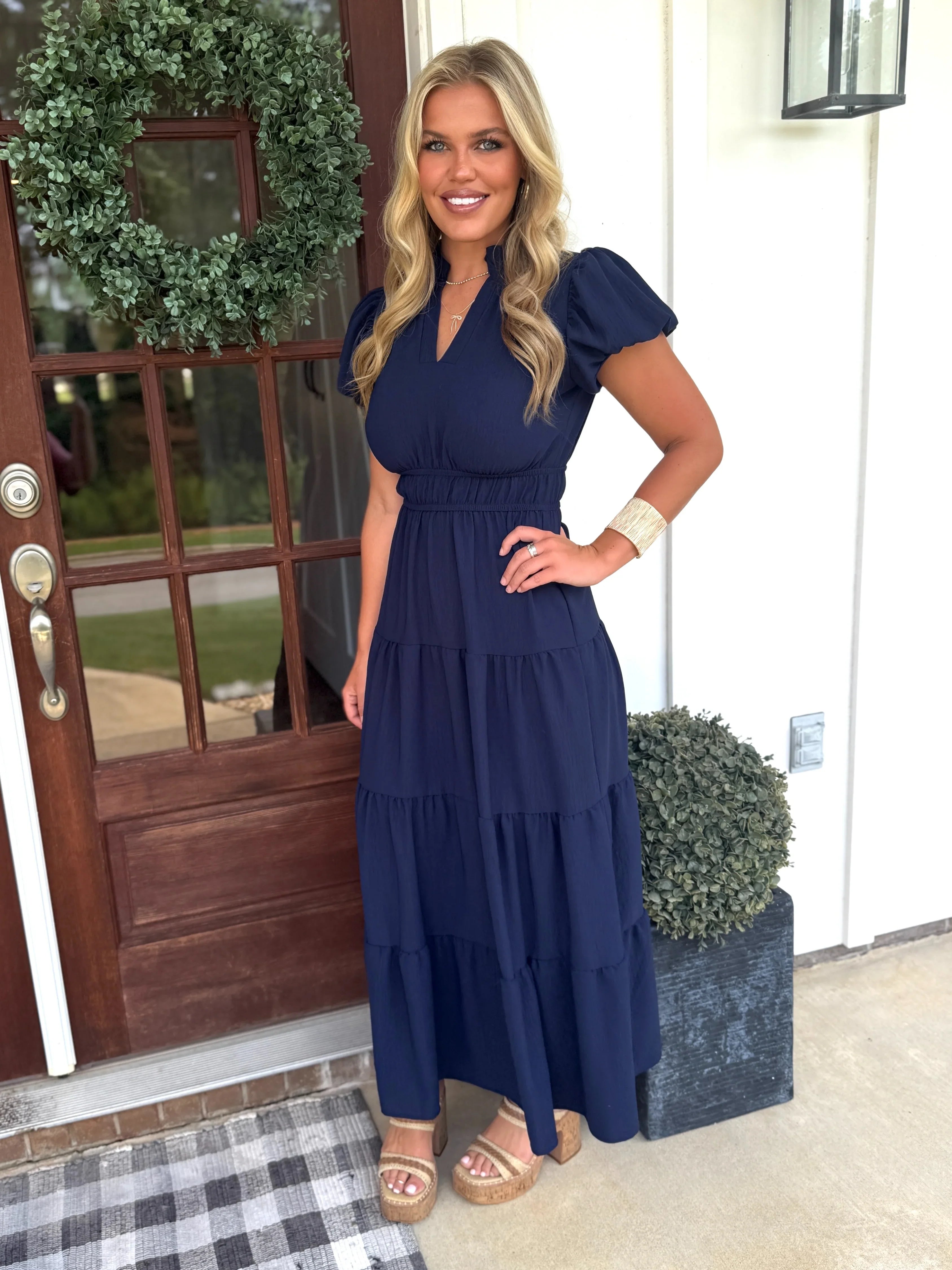 SOPHIE Long Tiered Dress (Navy Blue) - Sassy and Southern