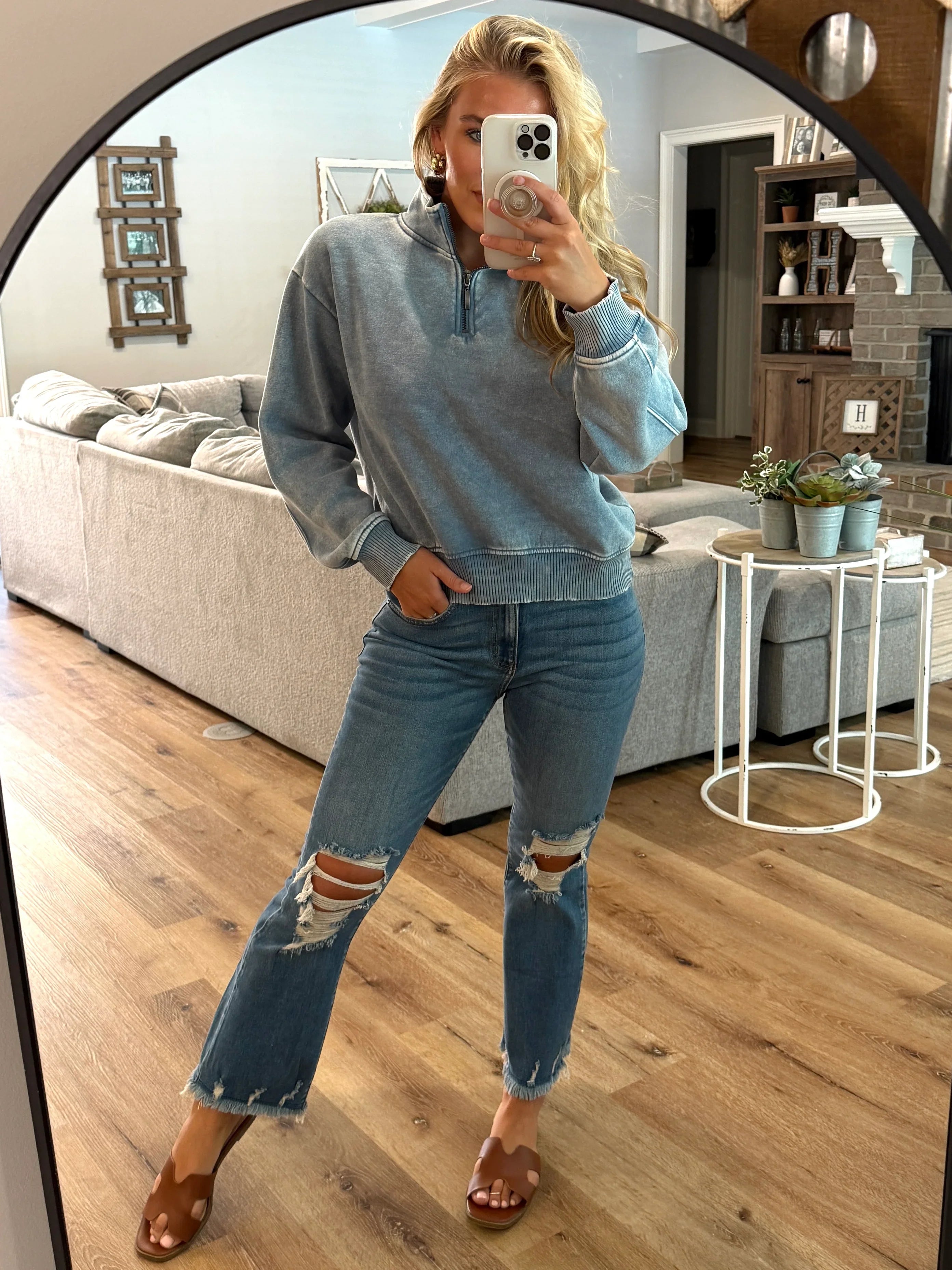 AVERY Half Zip Pullover-Acid Washed (Dusty Blue) - Sassy and Southern