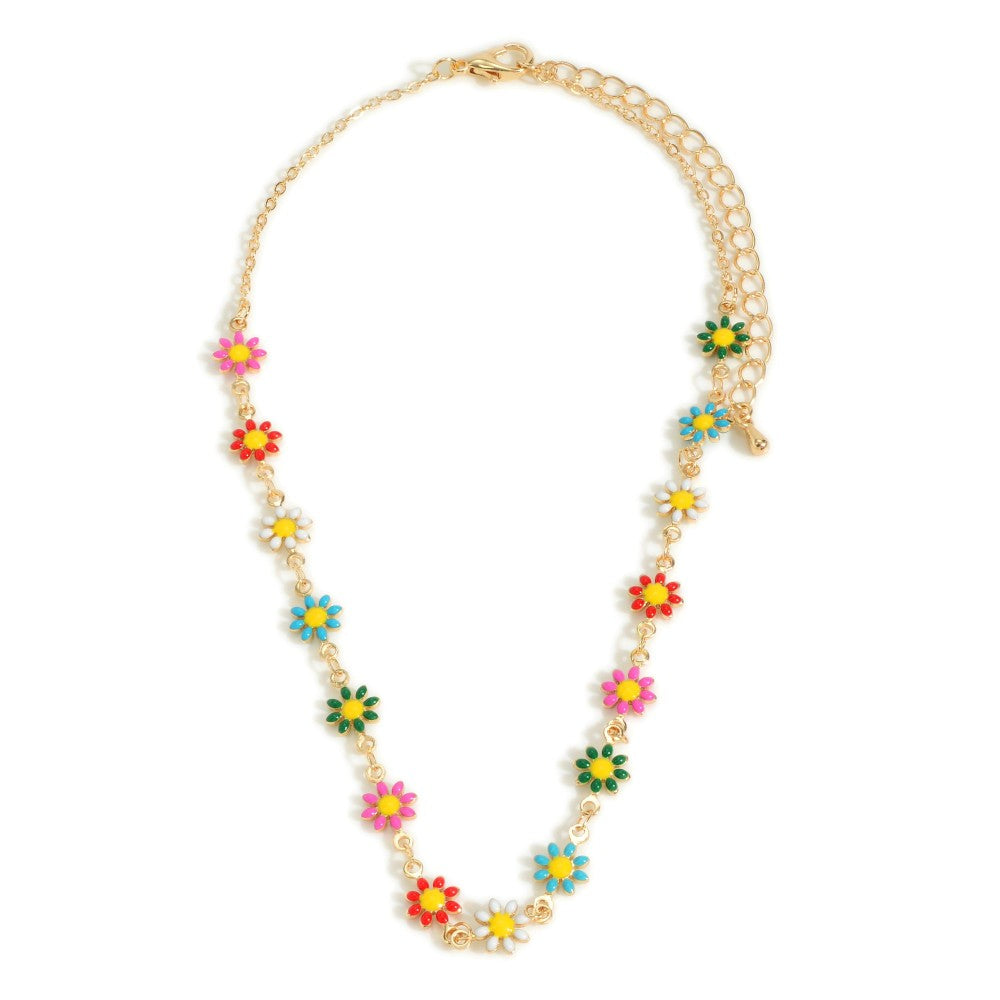 Bright Color Mixed Flower Necklace (Gold) - Sassy & Southern