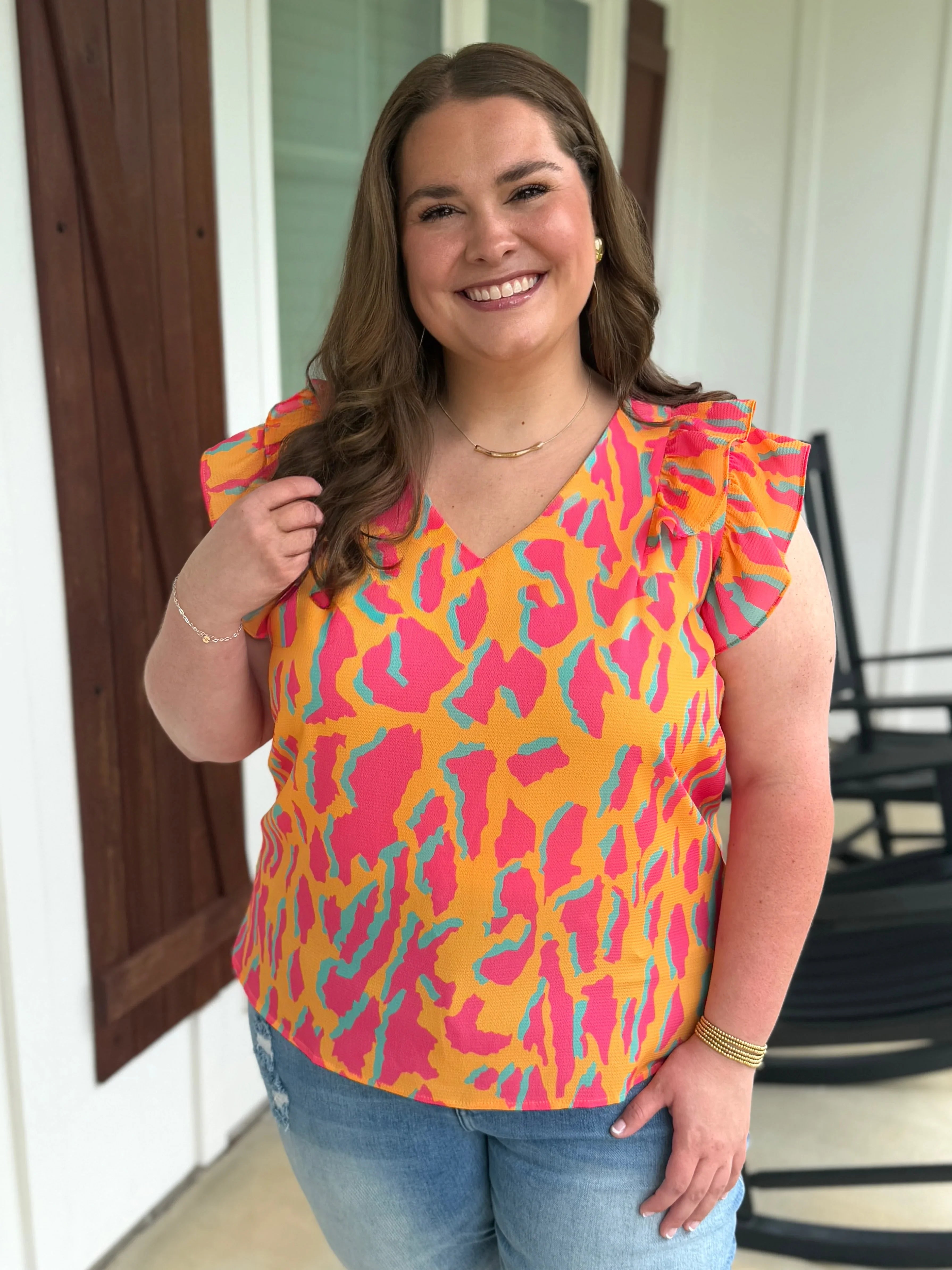 SYDNEY Abstract Print Ruffle Top (S-2X) - Sassy and Southern