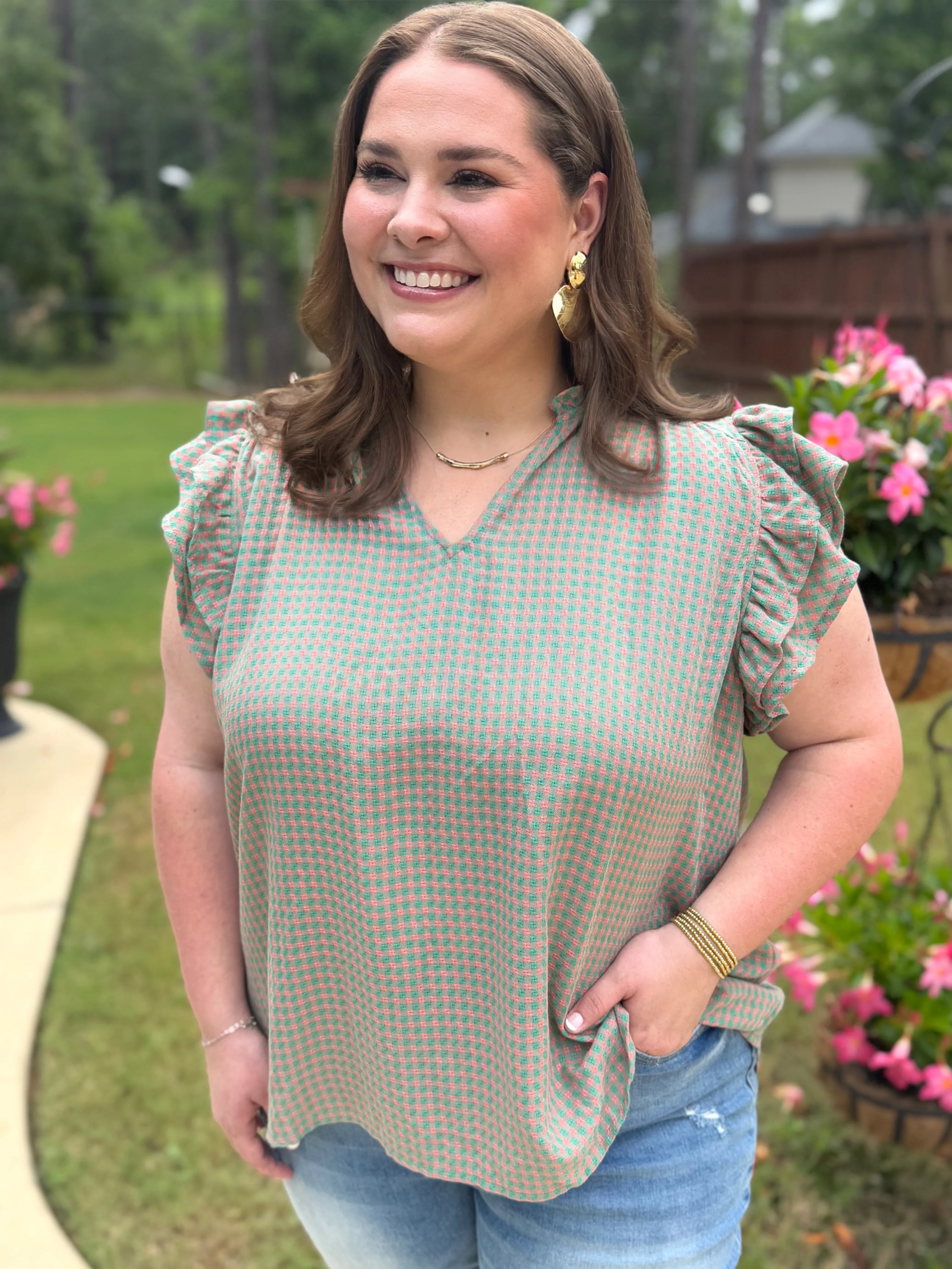 ADDISON Plus Size Pink/Green Gingham Top - Sassy and Southern