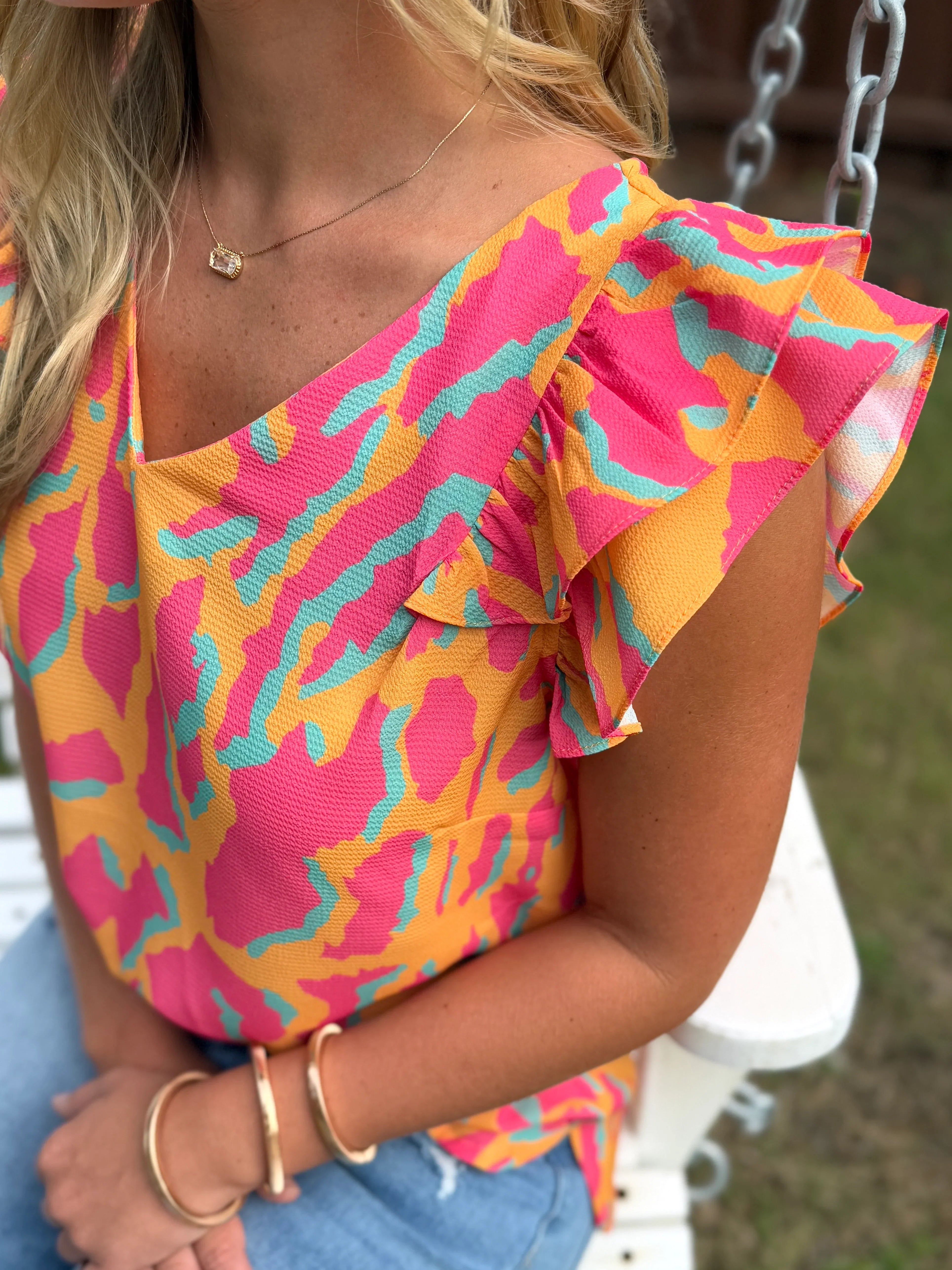 SYDNEY Abstract Print Ruffle Top (S-2X) - Sassy and Southern