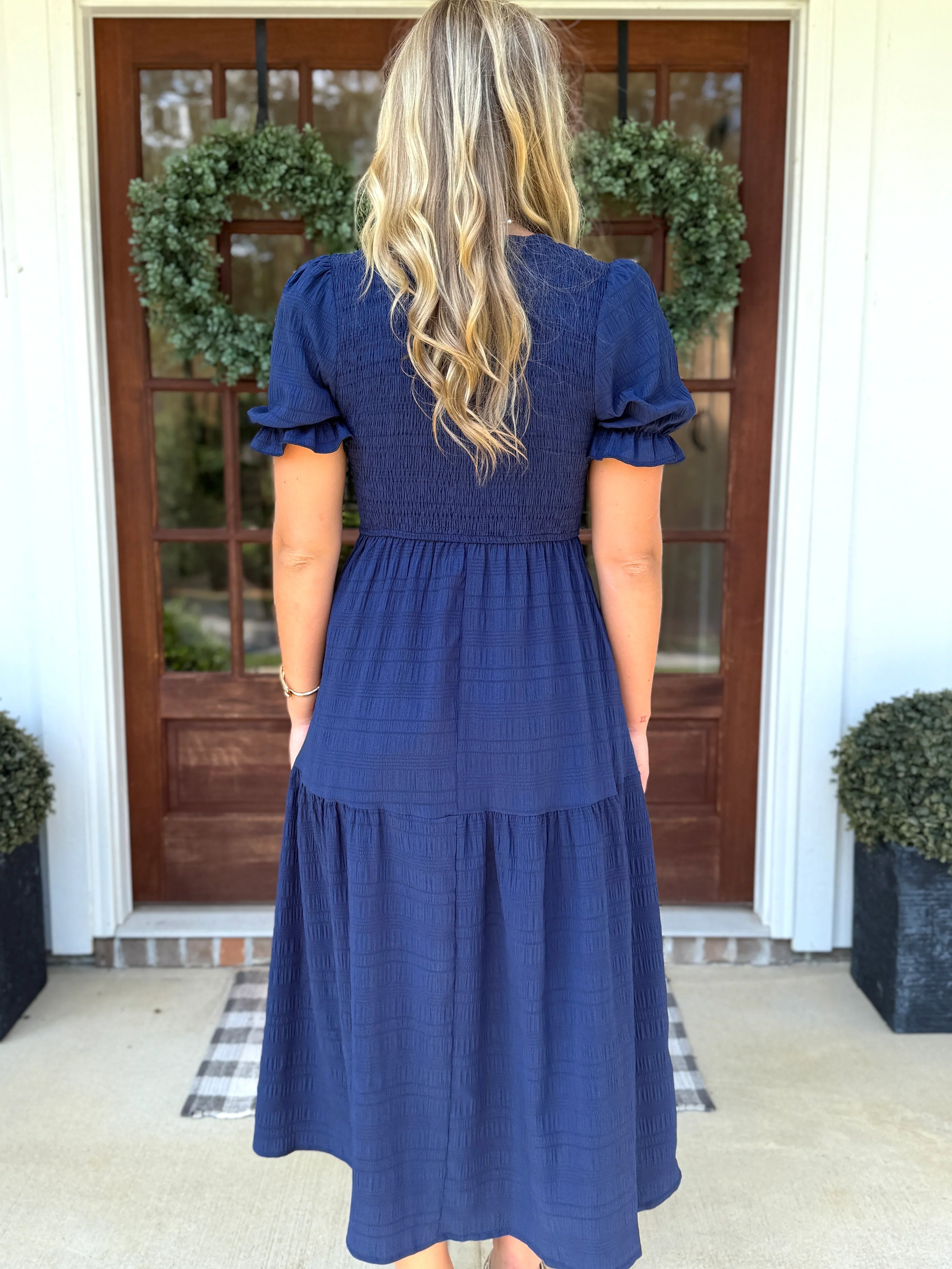 ARIEL Long Textured/Smocked Dress in Blue - Sassy and Southern