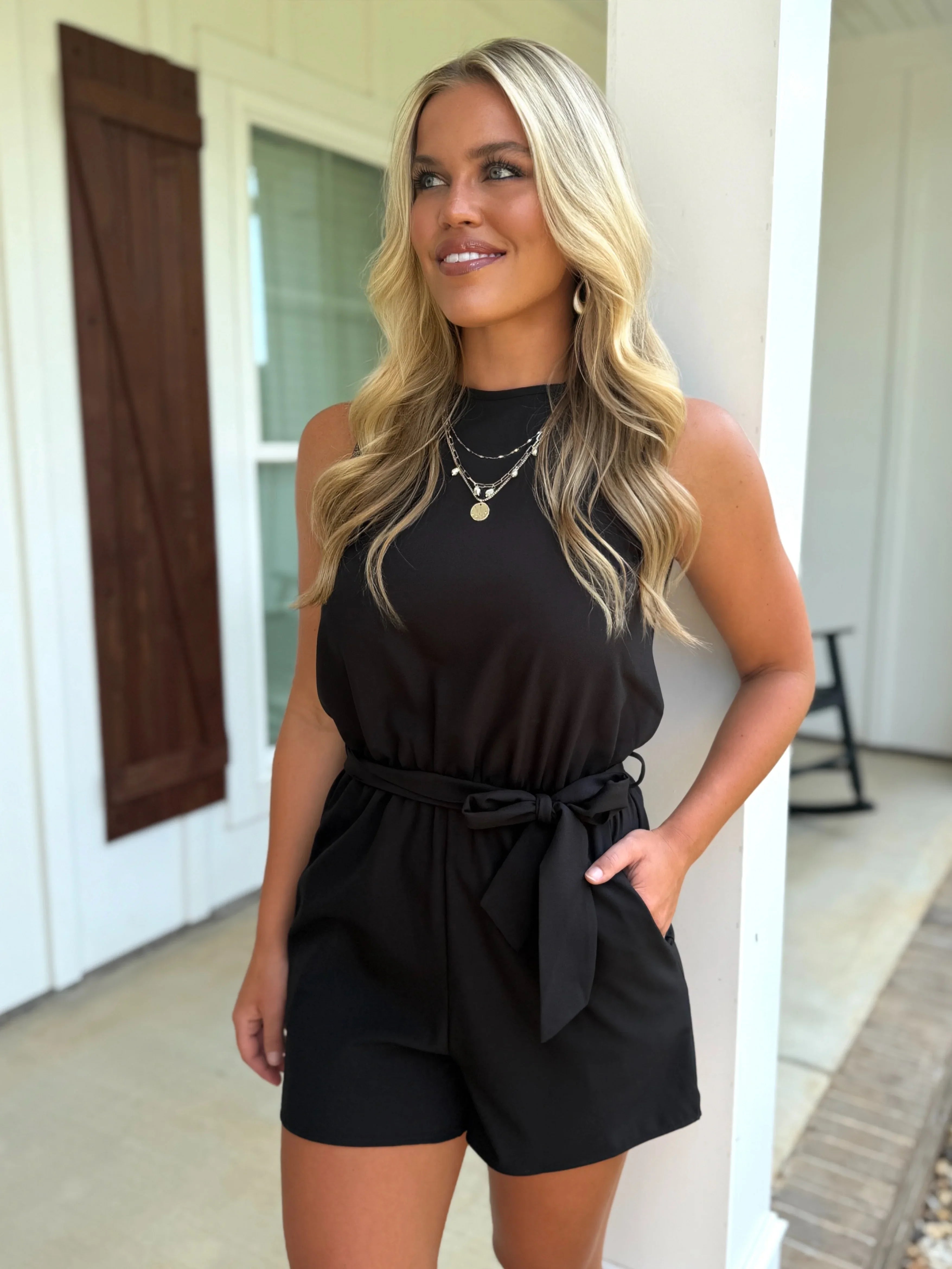 SKYLAR Black Romper With Belt Tie - Sassy and Southern