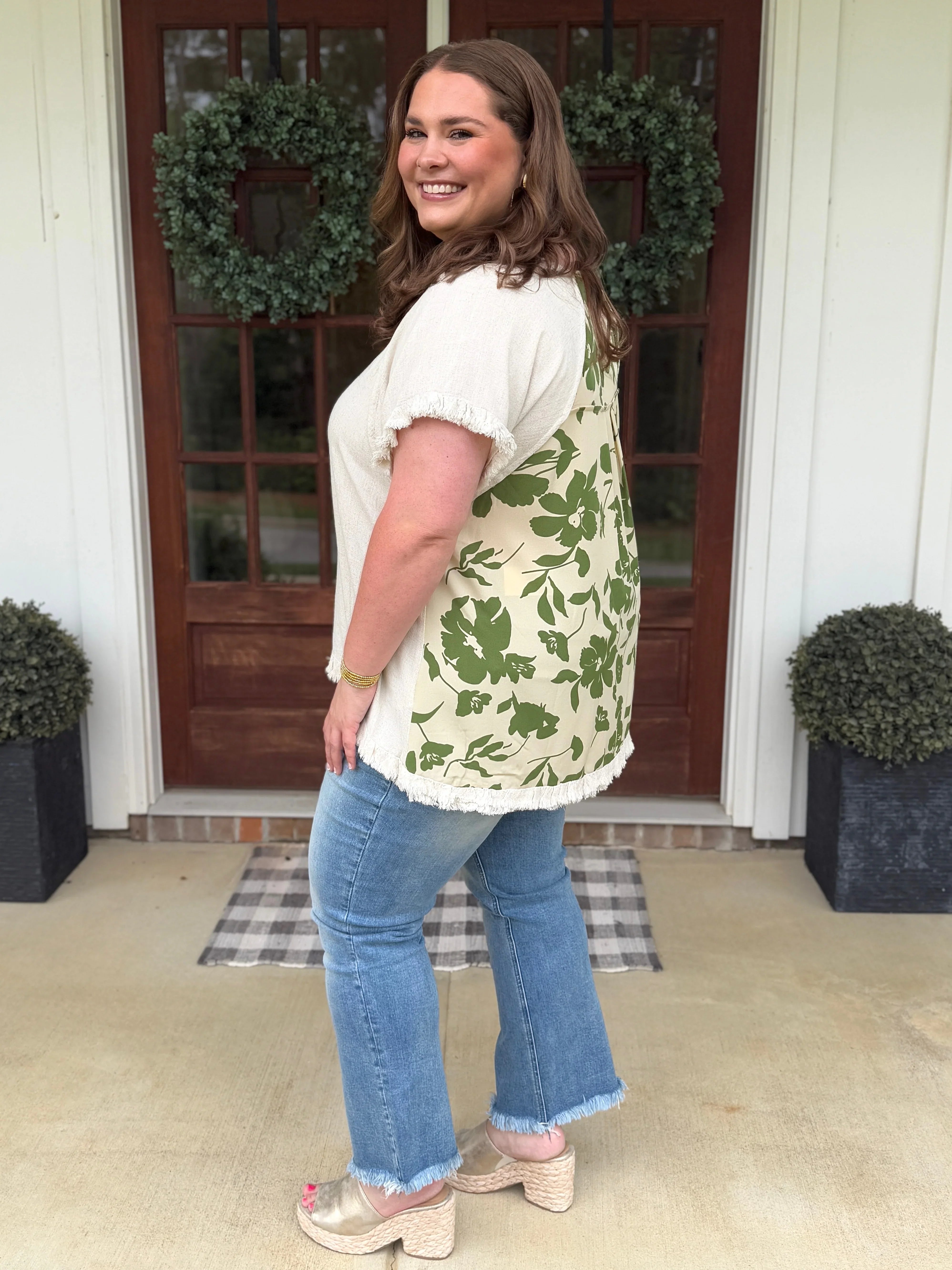 OPHELIA Plus Size Oatmeal Top With Green Design - Sassy and Southern