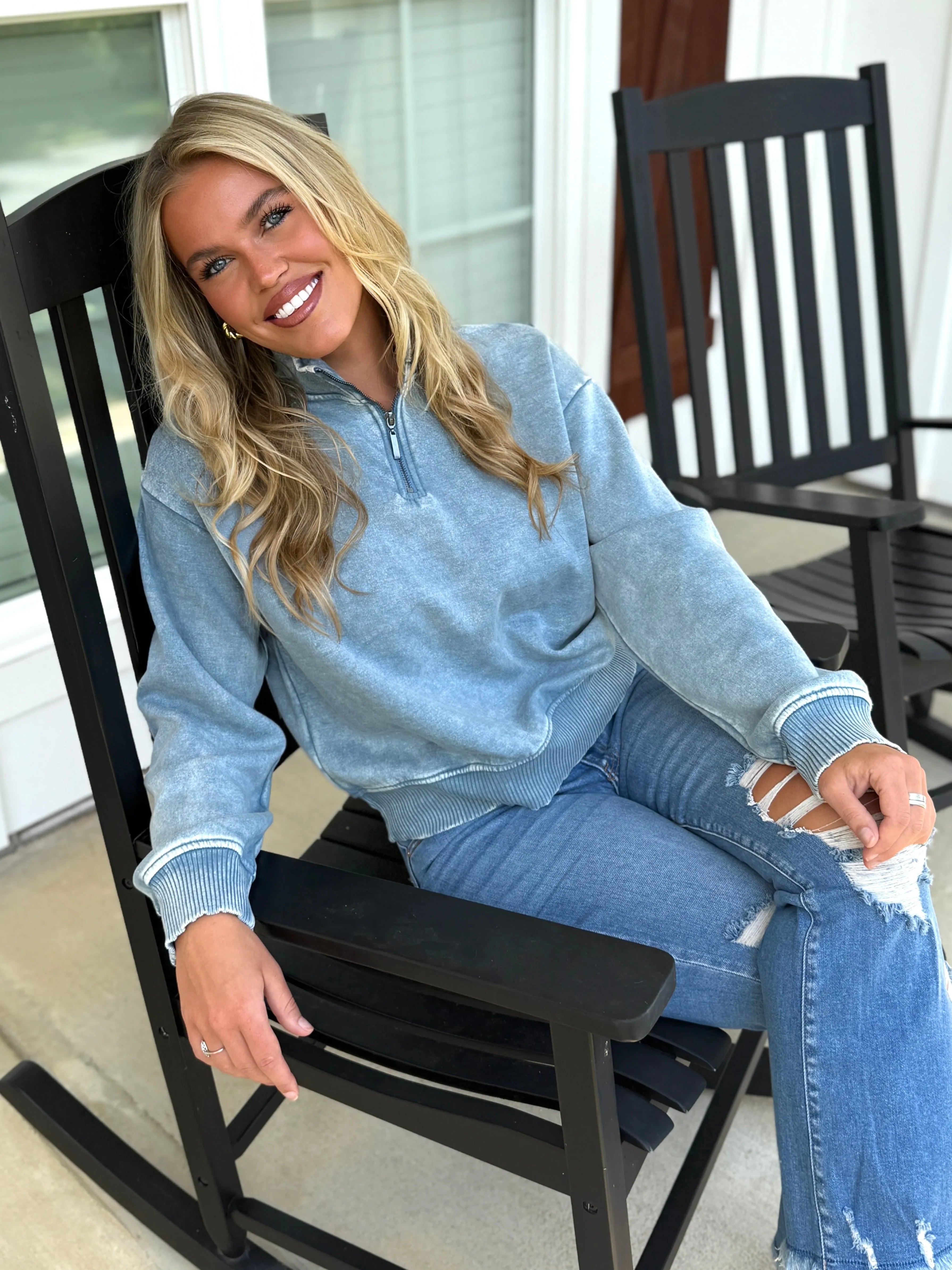 AVERY Half Zip Pullover-Acid Washed (Dusty Blue) - Sassy and Southern