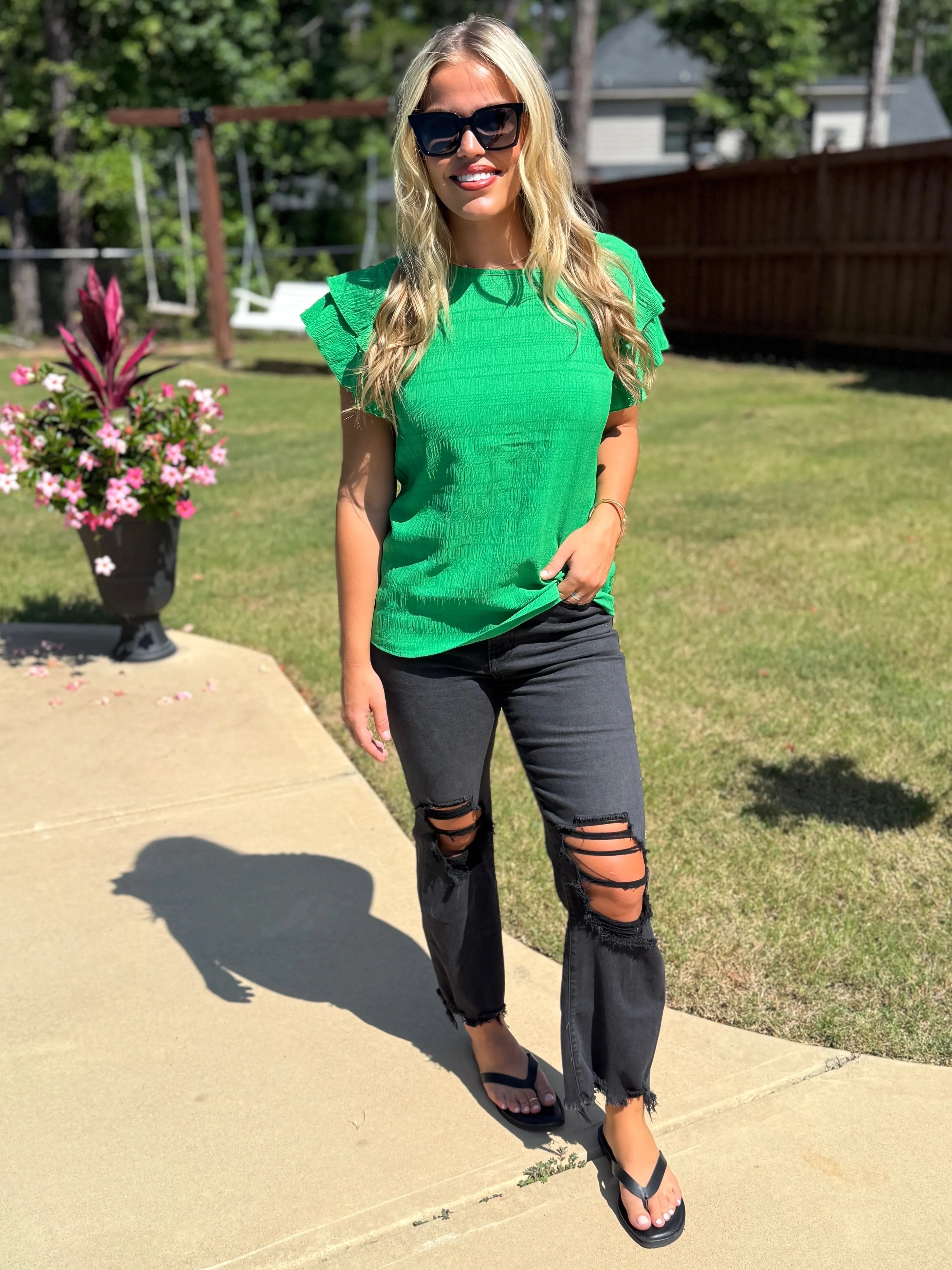 RAELYNN Textured Ruffle Green Top - Sassy and Southern