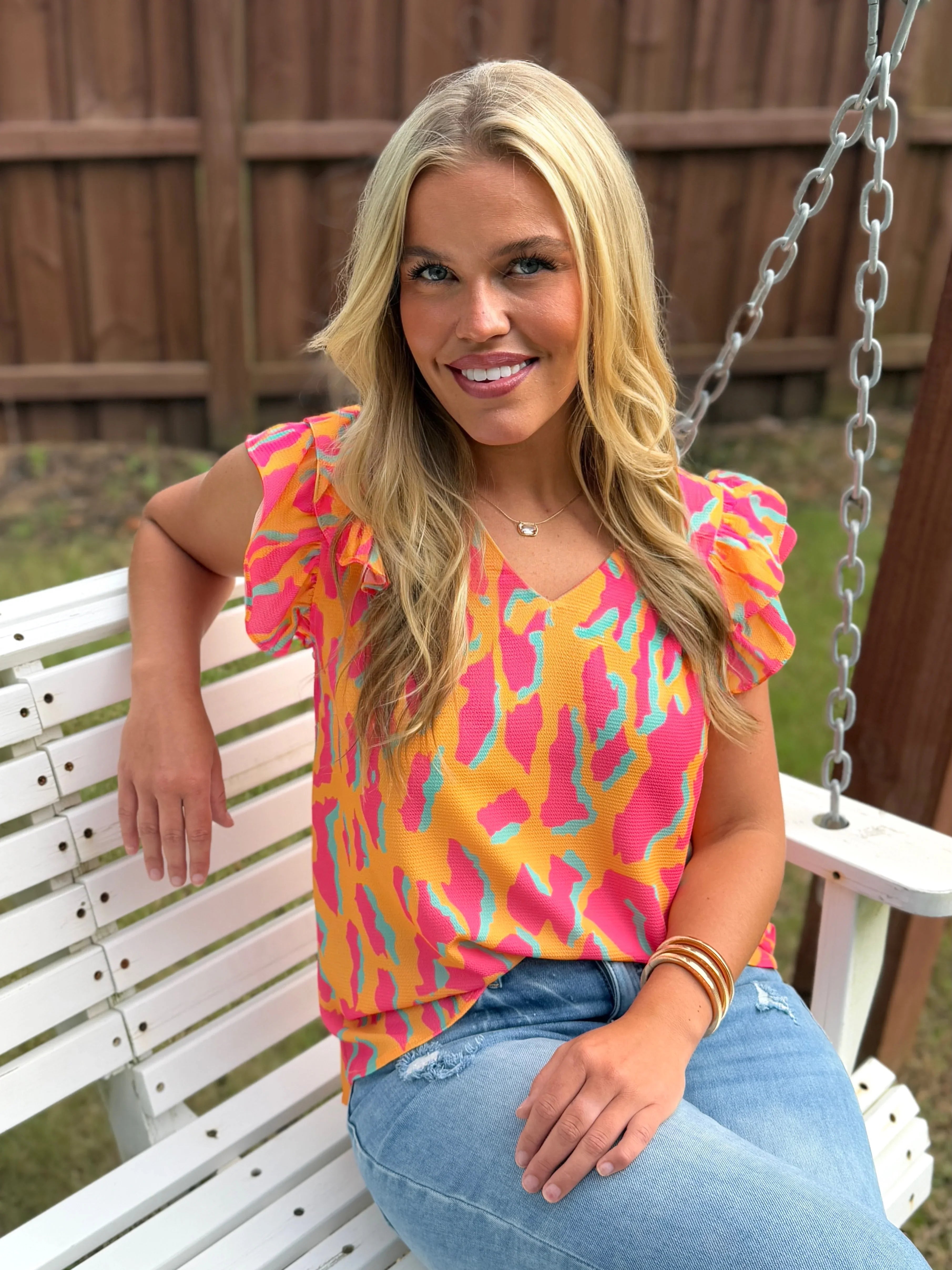 SYDNEY Abstract Print Ruffle Top (S-2X) - Sassy and Southern