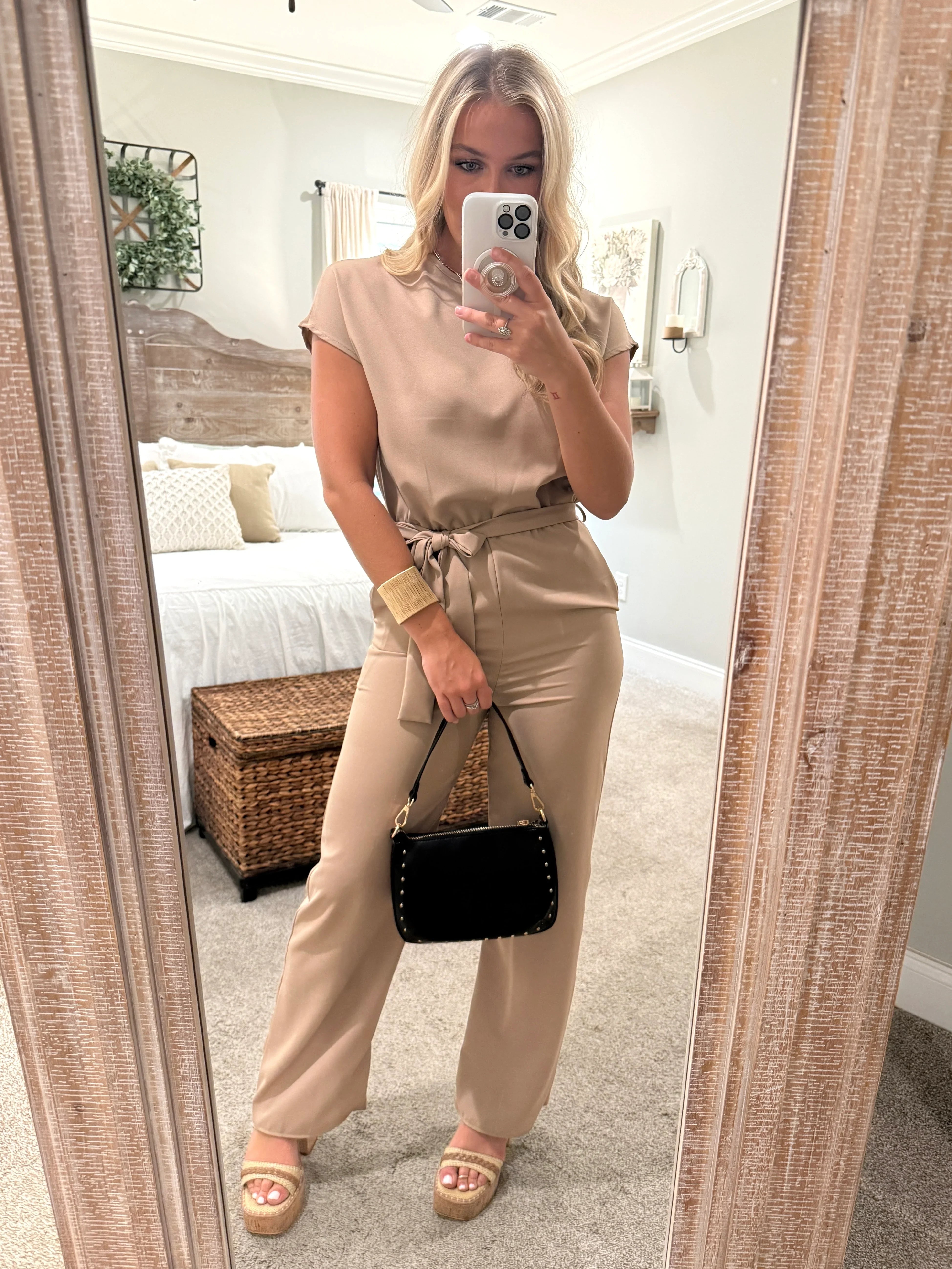EMILY Jumpsuit With Waist Tie Belt (Mocha) - Sassy and Southern