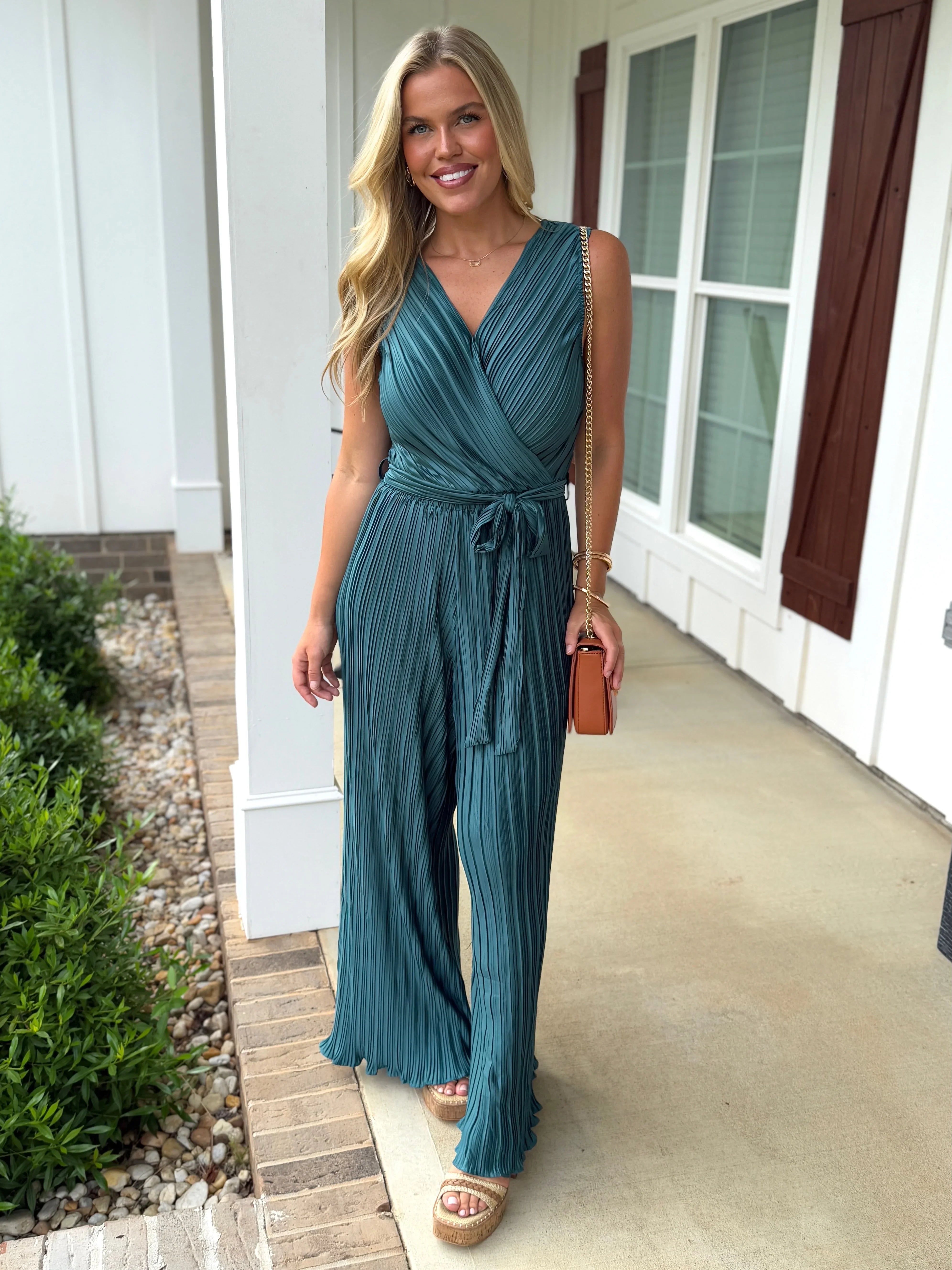 KYLIE Sleeveless Crinkle Jumpsuit (Green) - Sassy and Southern