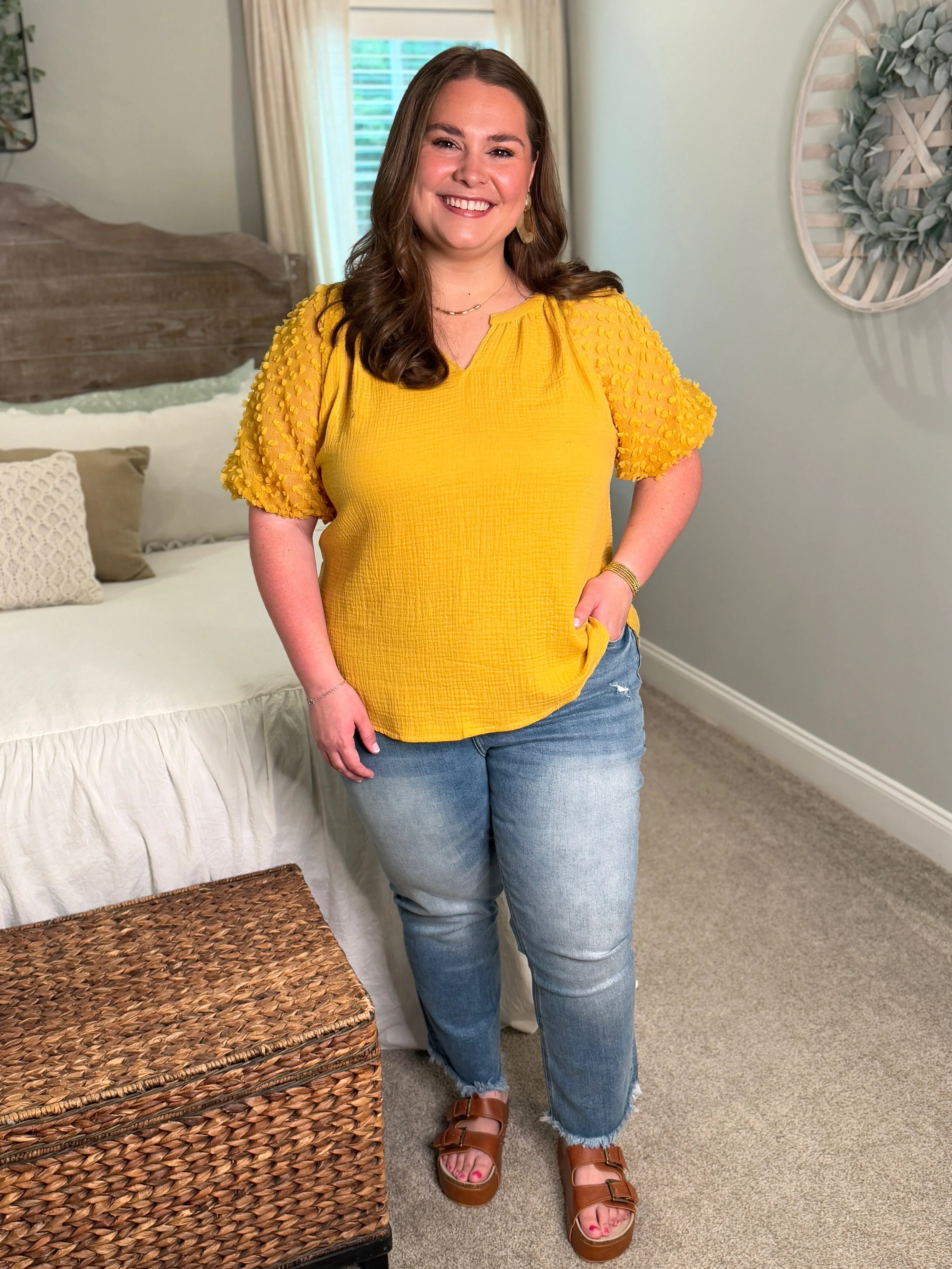 HOPE Plus Size Puff Sleeve Linen Top (Honey) - Sassy and Southern