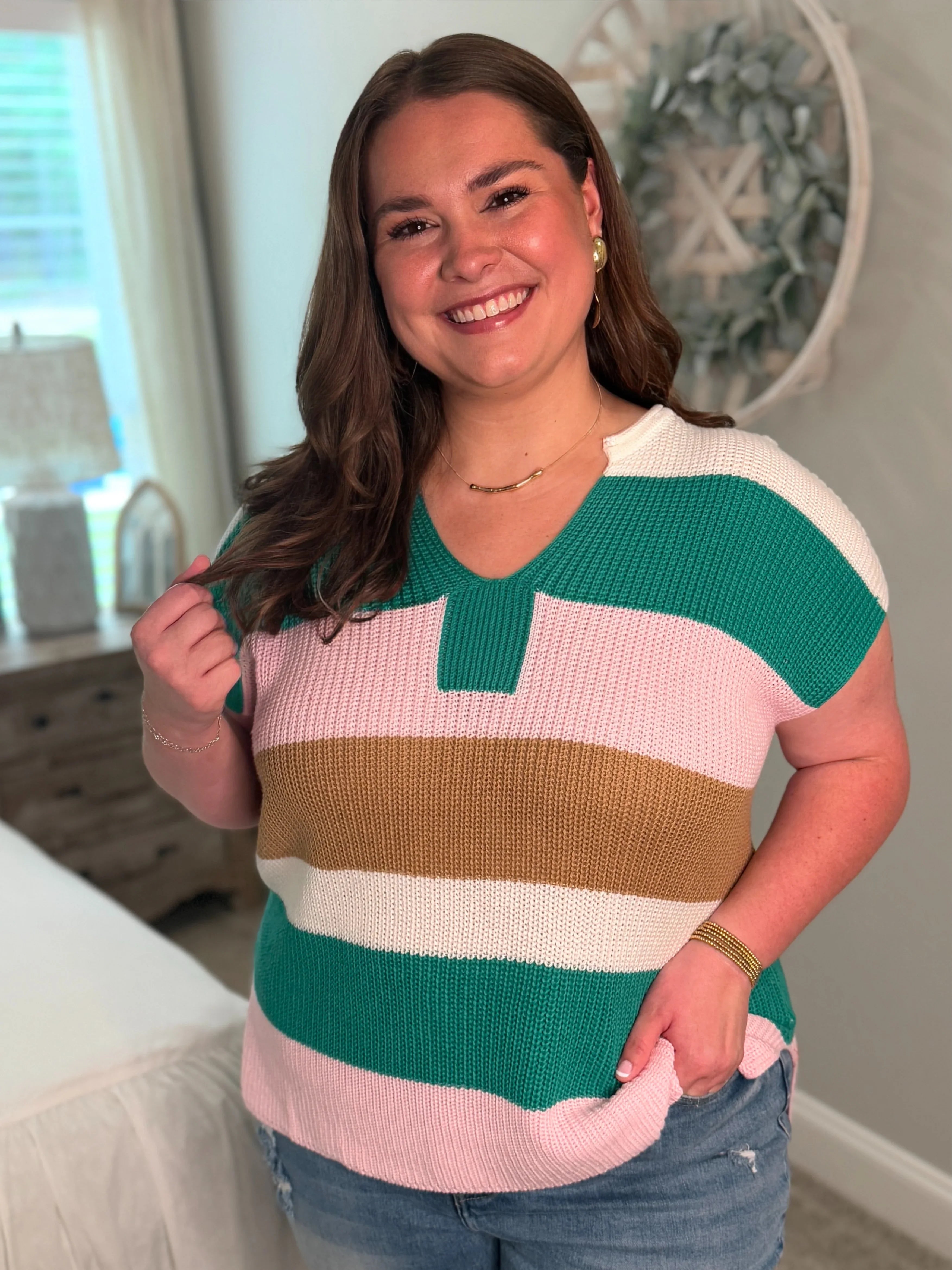 MCKENNA Plus Size Pink/Green Lightweight Sweater - Sassy and Southern