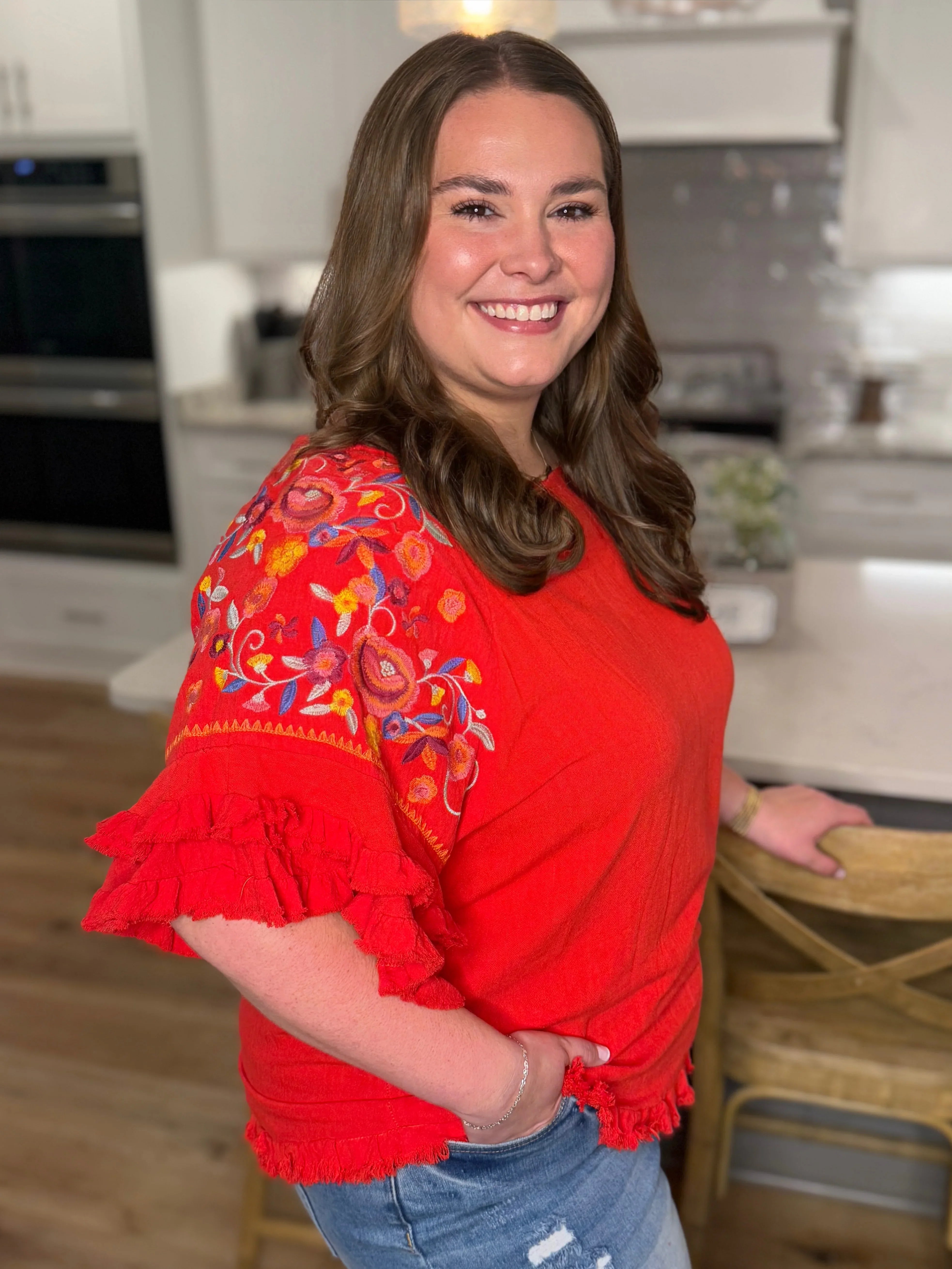 STEVIE Red Embroidered Sleeve Ruffle Top (S-2X) - Sassy and Southern
