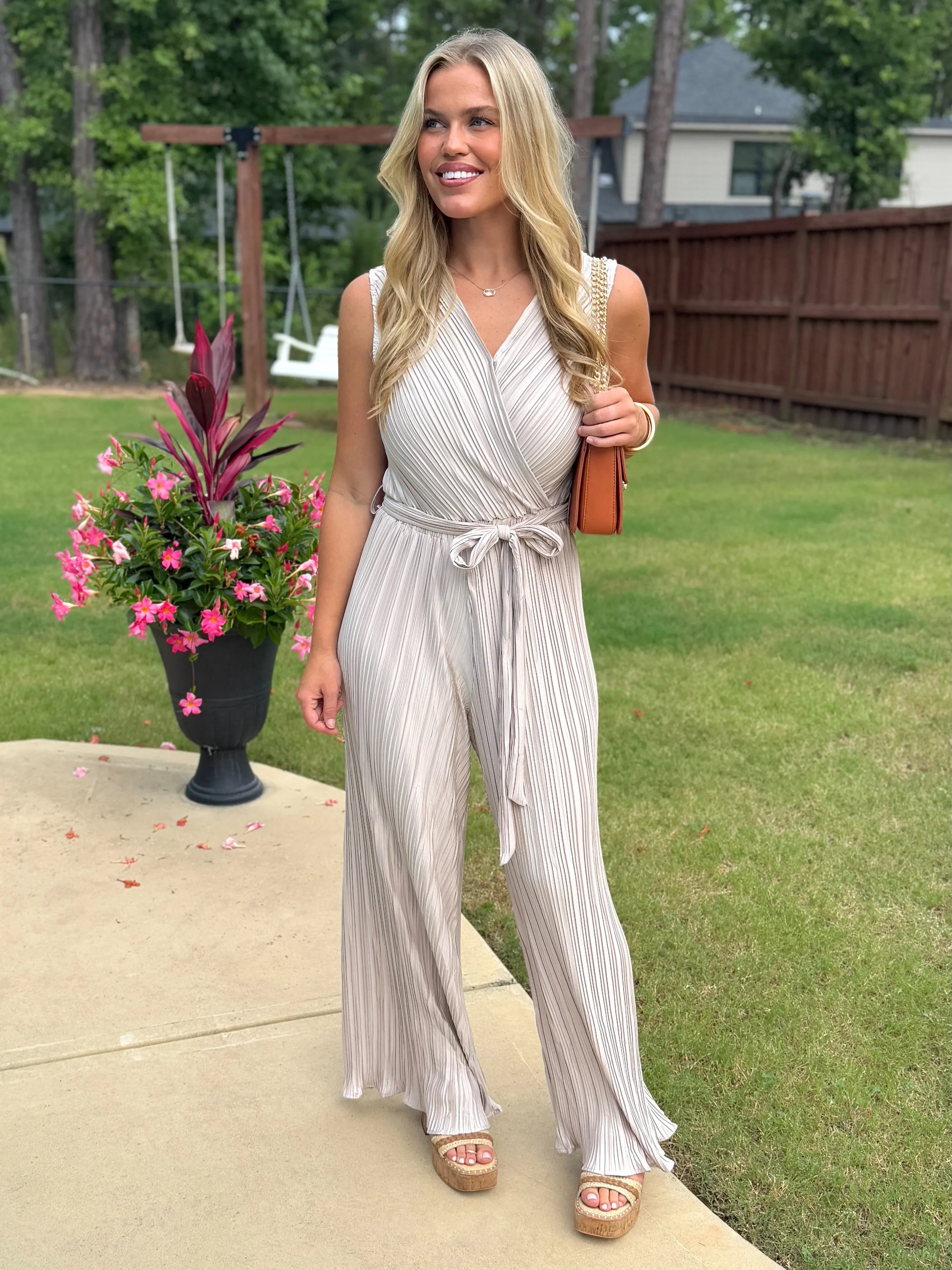 KYLIE Sleeveless Crinkle Jumpsuit (Taupe) - Sassy and Southern