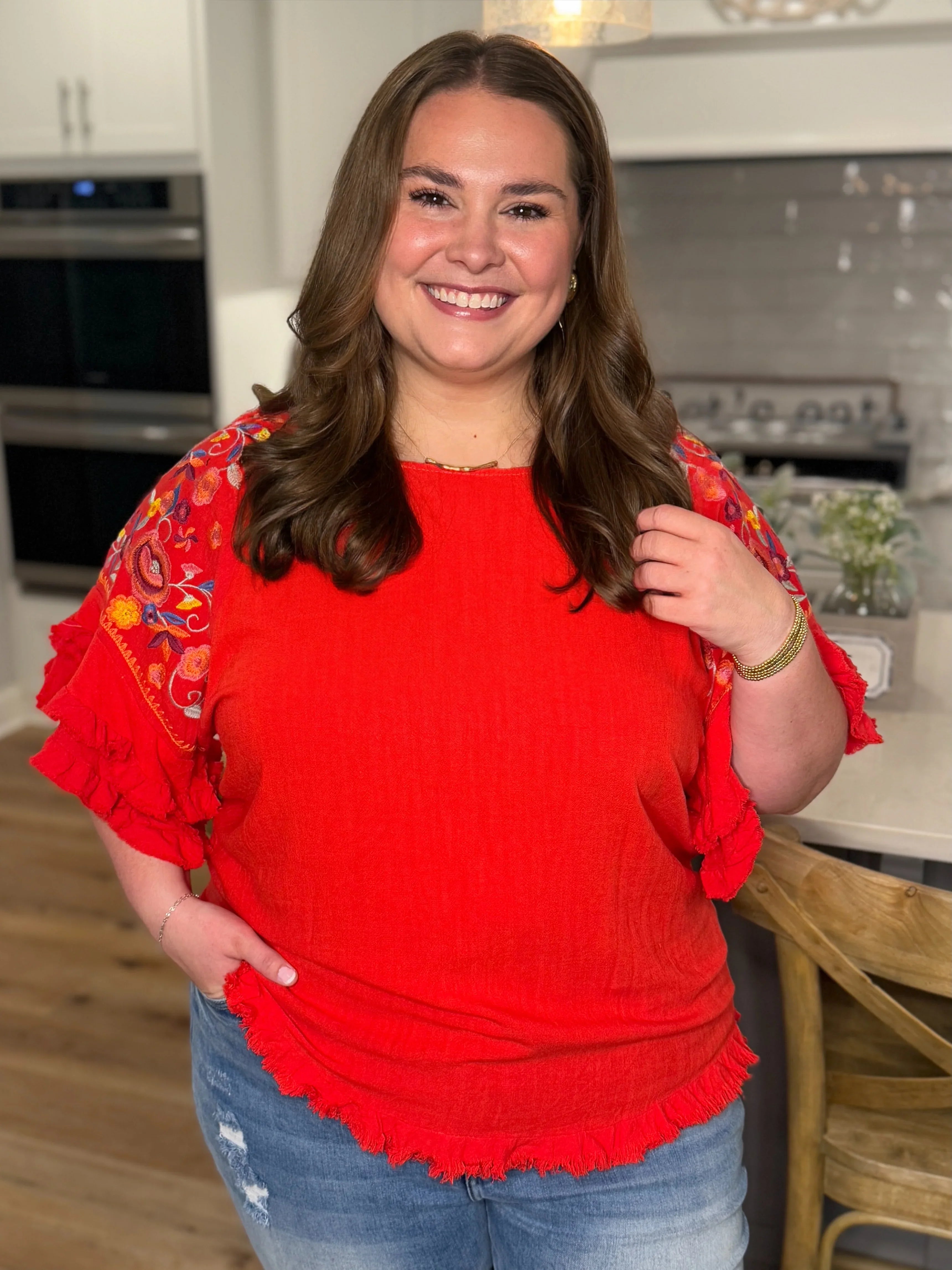 STEVIE Red Embroidered Sleeve Ruffle Top (S-2X) - Sassy and Southern