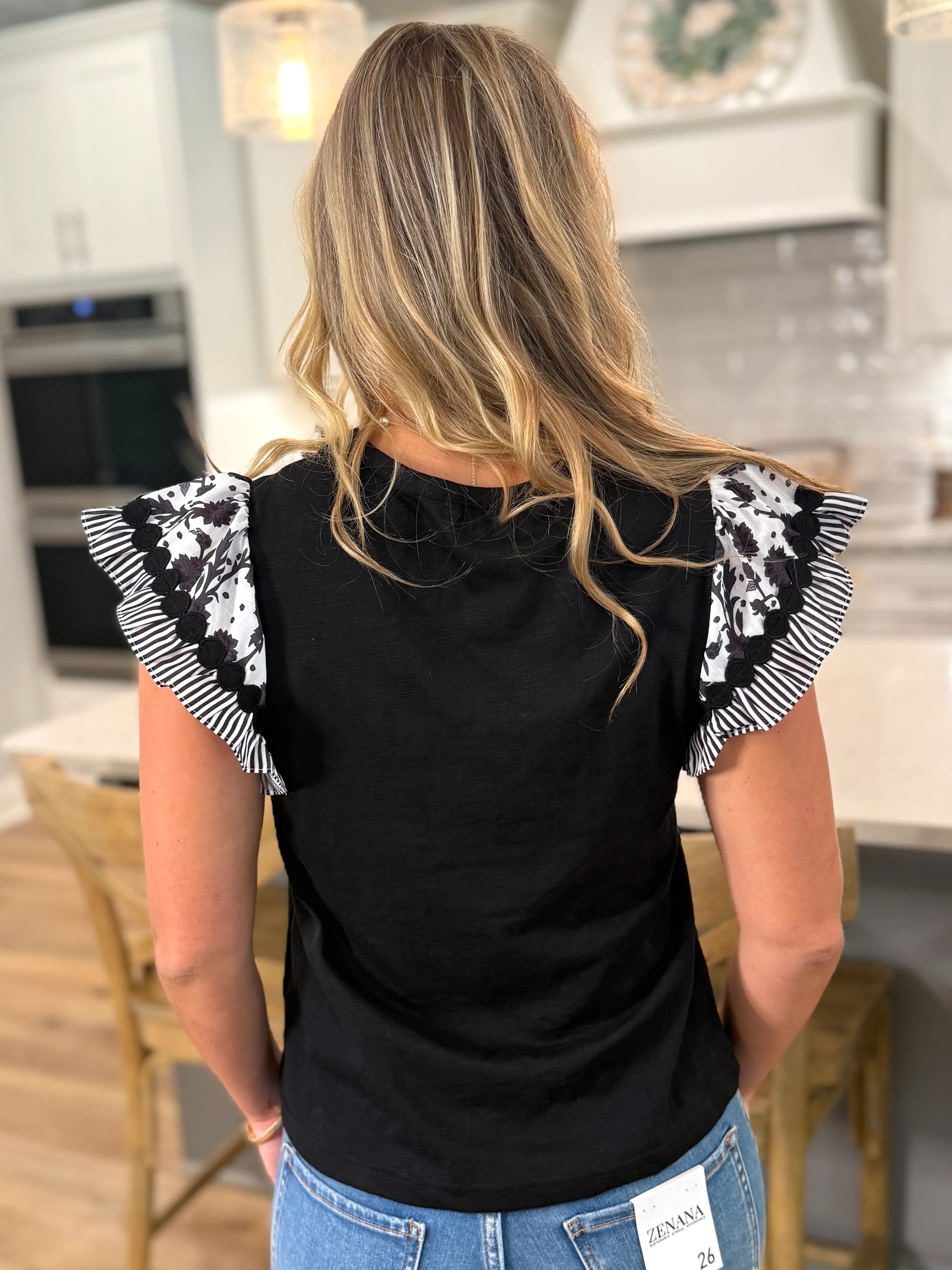 ROWAN Black Top With Floral Ruffle Sleeves - Sassy and Southern