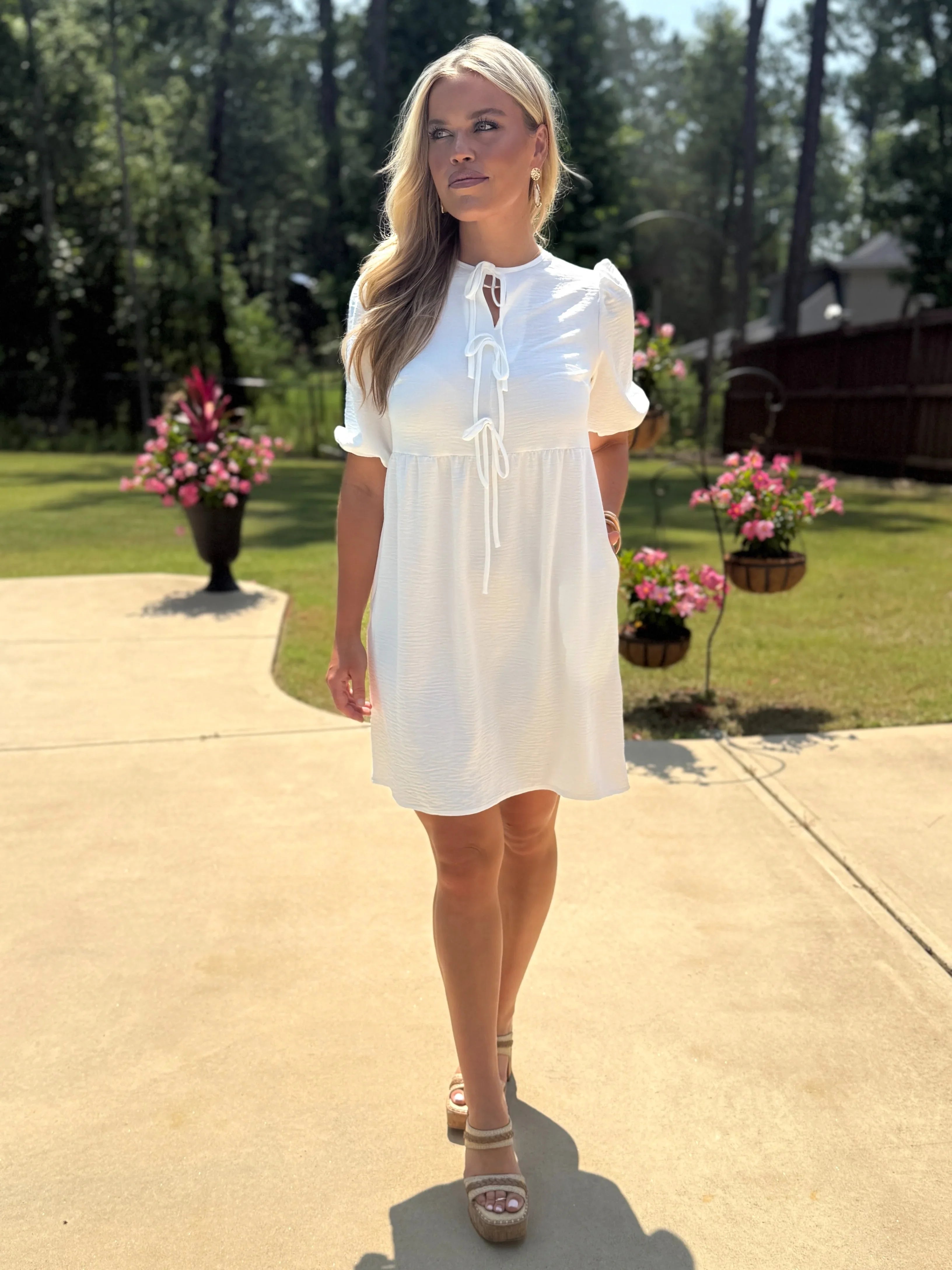 LUCY White Dress With Bow Center - Sassy and Southern