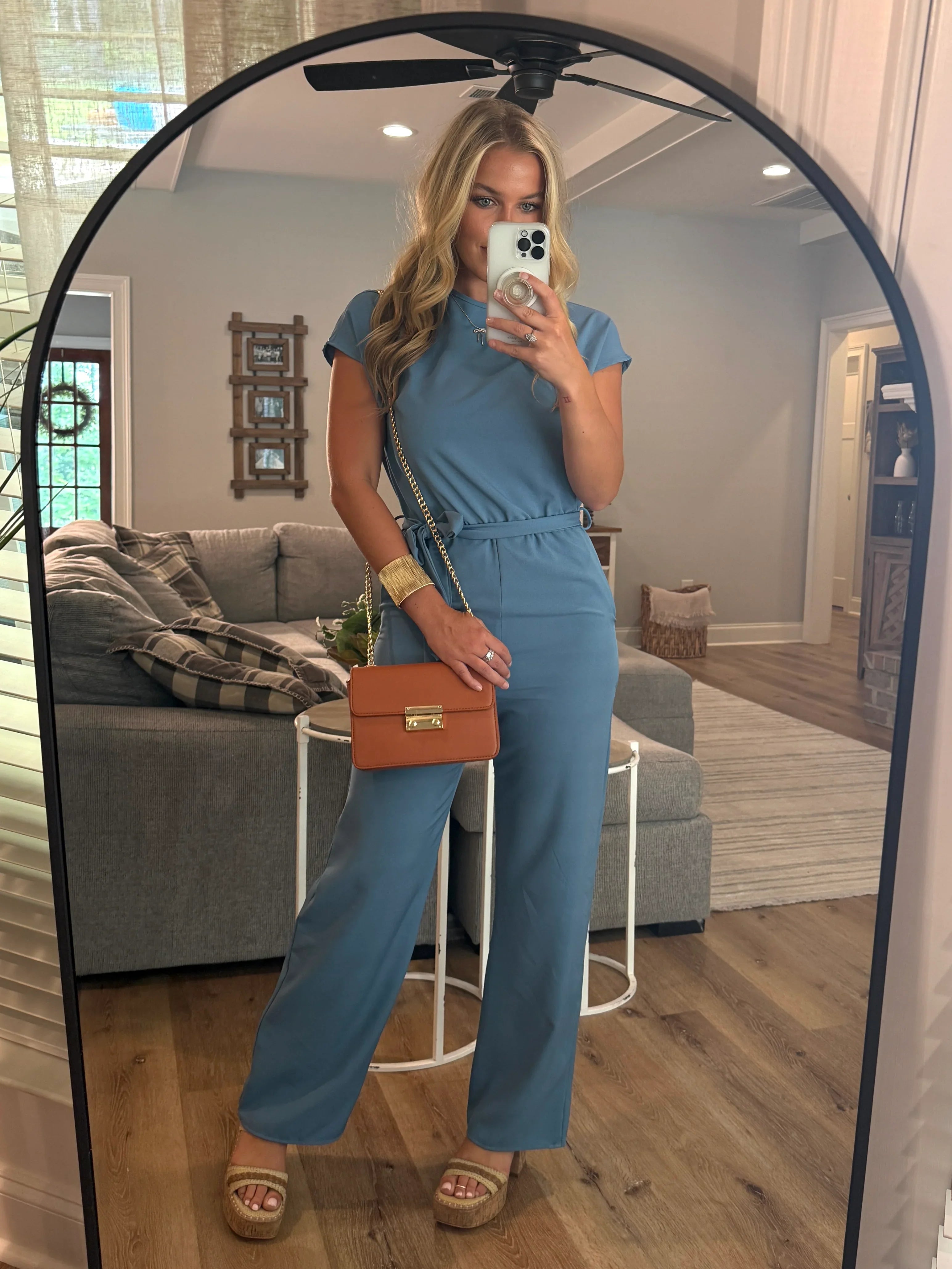 EMILY Jumpsuit With Waist Tie Belt (Blue) - Sassy and Southern