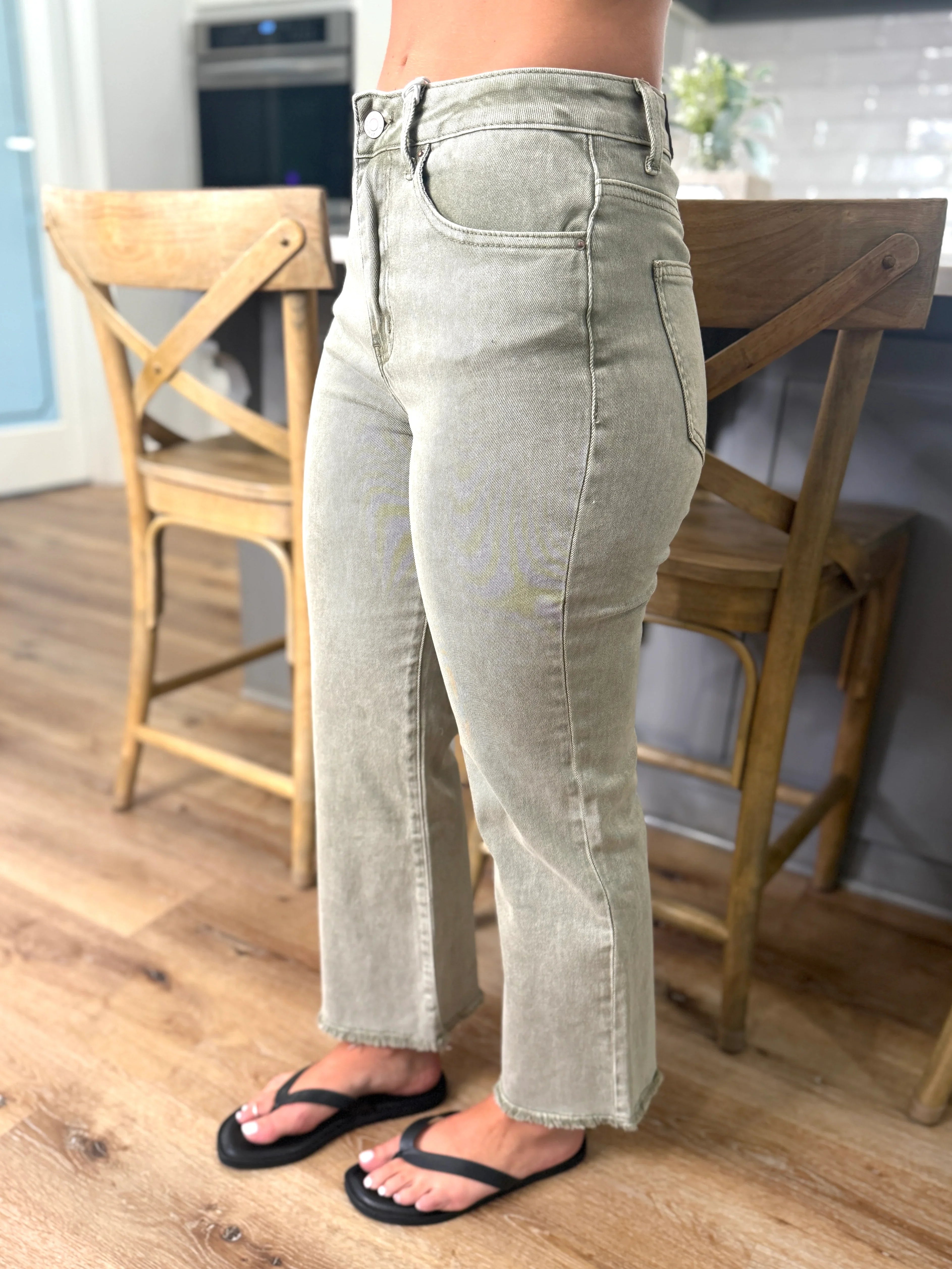 PARKER High Waist Frayed Hem Jeans (Light Olive) - Sassy and Southern