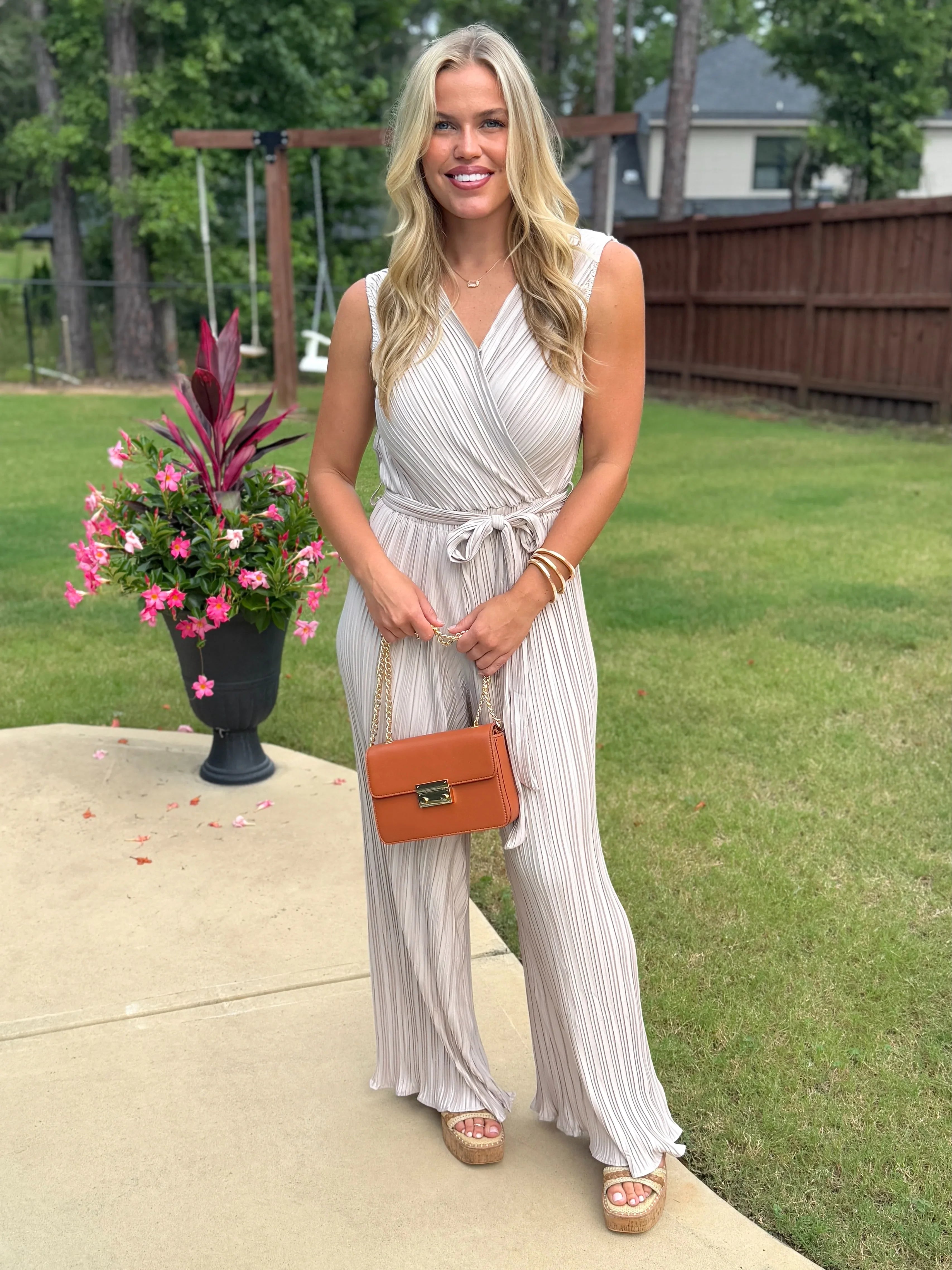 KYLIE Sleeveless Crinkle Jumpsuit (Taupe) - Sassy and Southern