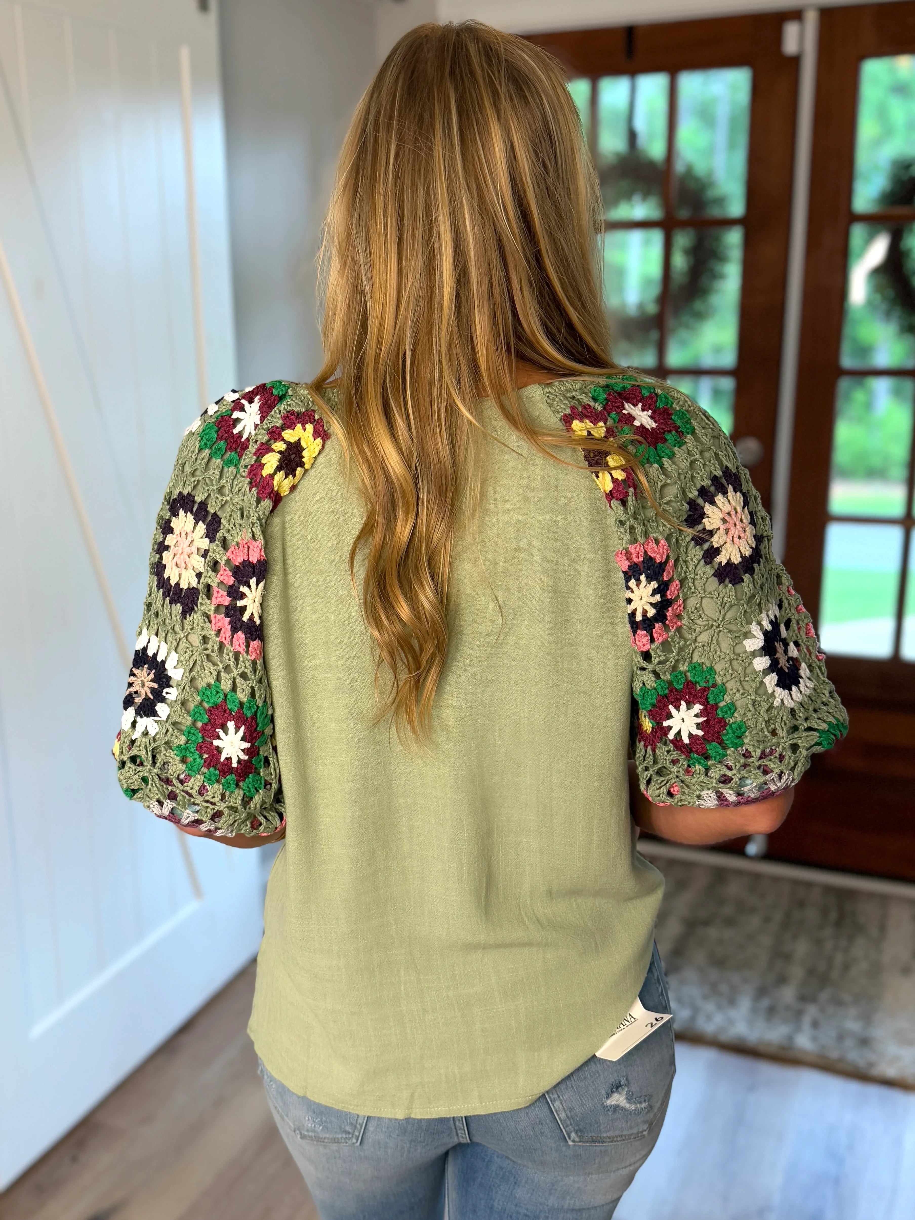 JANE Crochet Sleeve Top (Sage) - Sassy and Southern