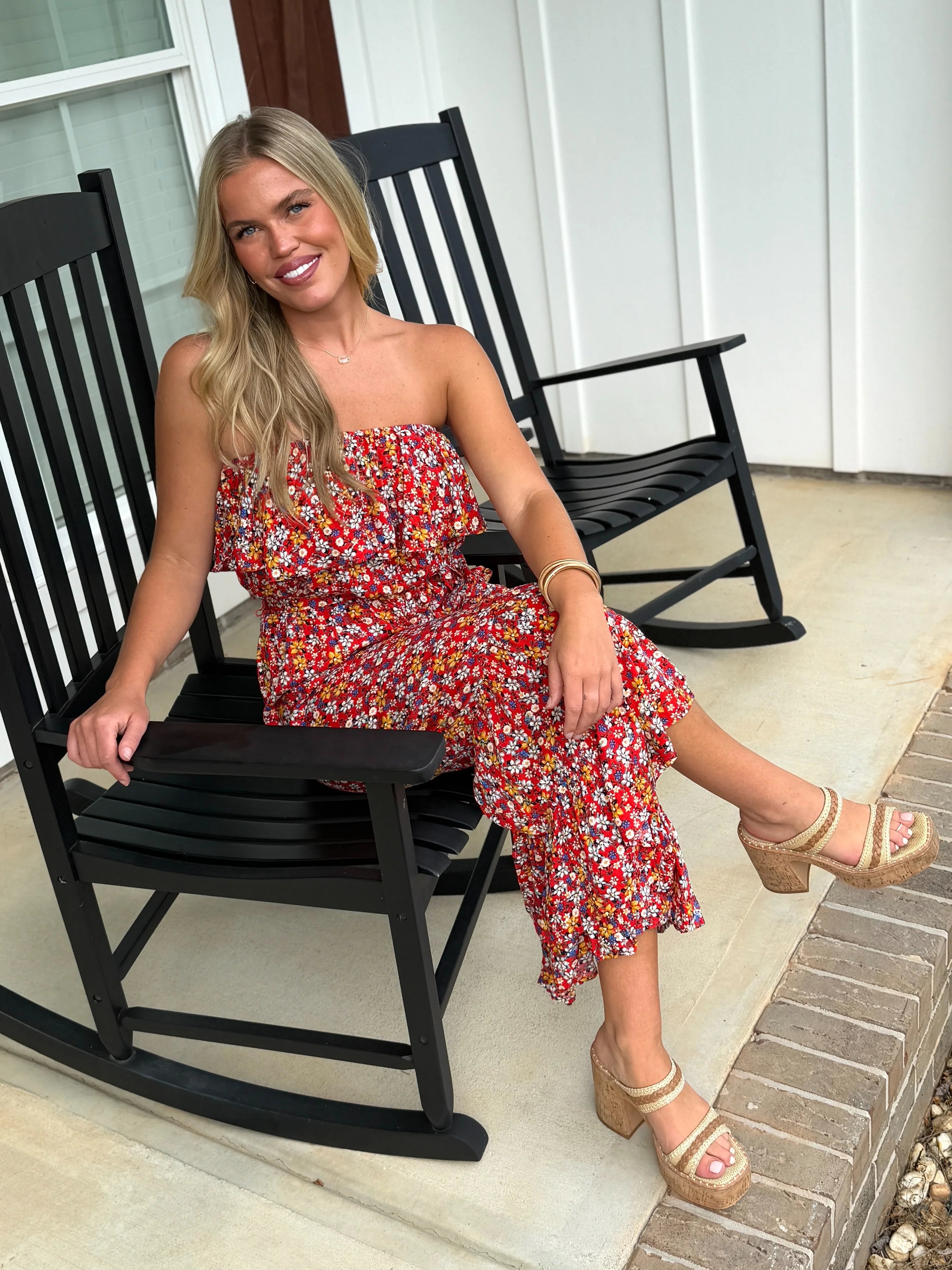 MARIA Floral Print Strapless Jumpsuit (Red mix) - Sassy and Southern