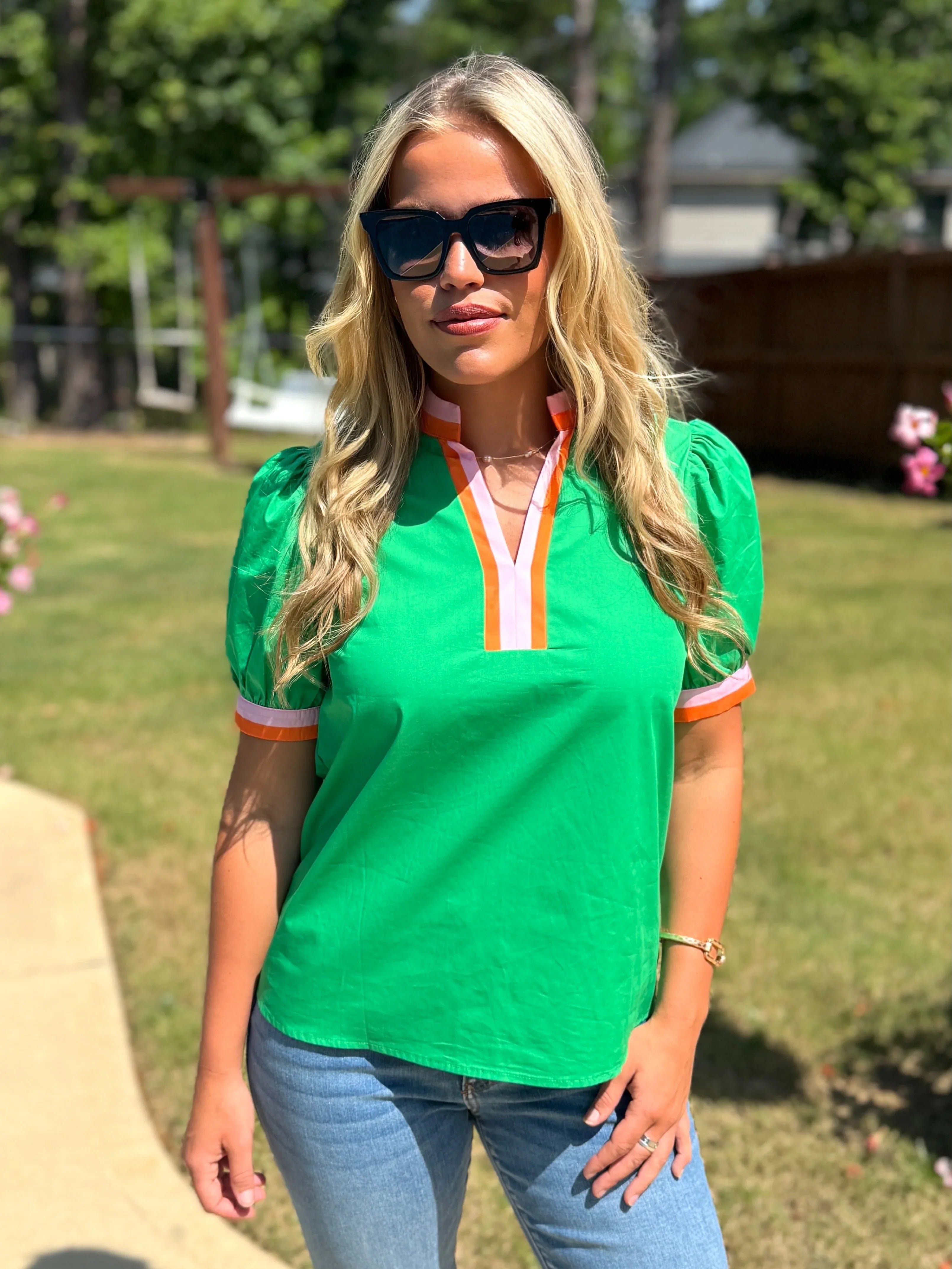 LENNON Green Top With Striped Sleeves/Neck - Sassy and Southern