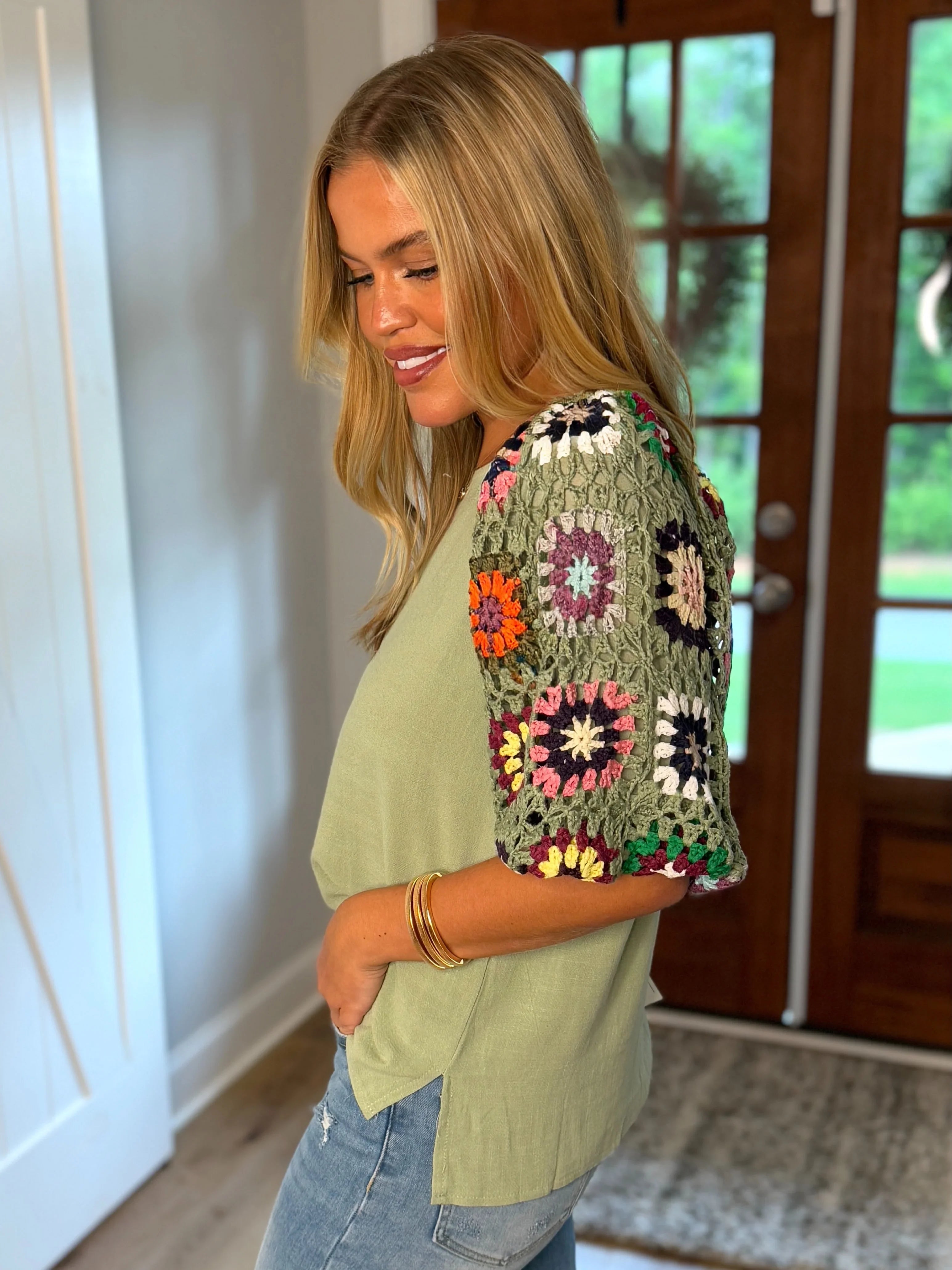 JANE Crochet Sleeve Top (Sage) - Sassy and Southern