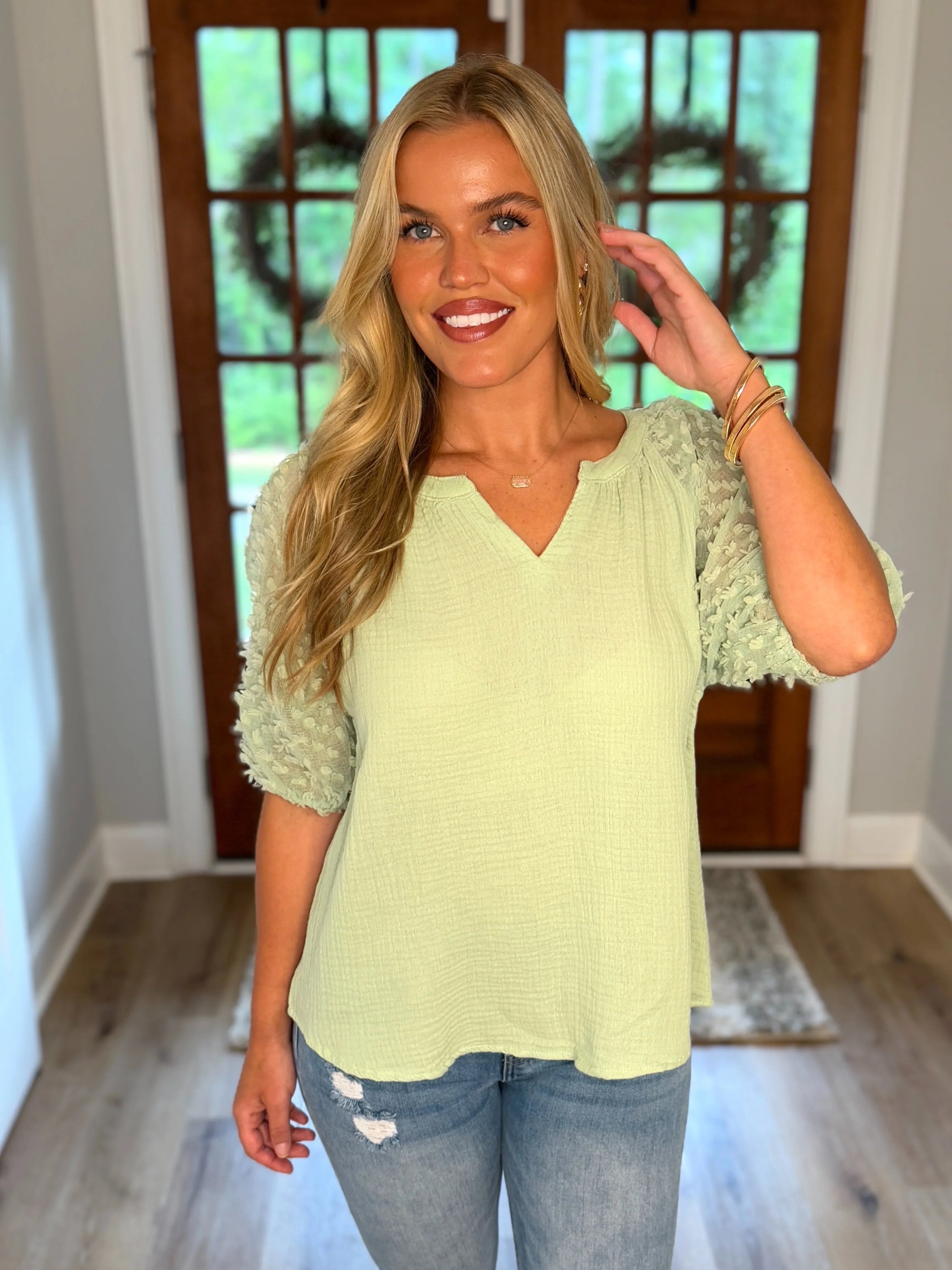 HOPE Puff Sleeve Linen Top (Sage) (S-2X) - Sassy and Southern
