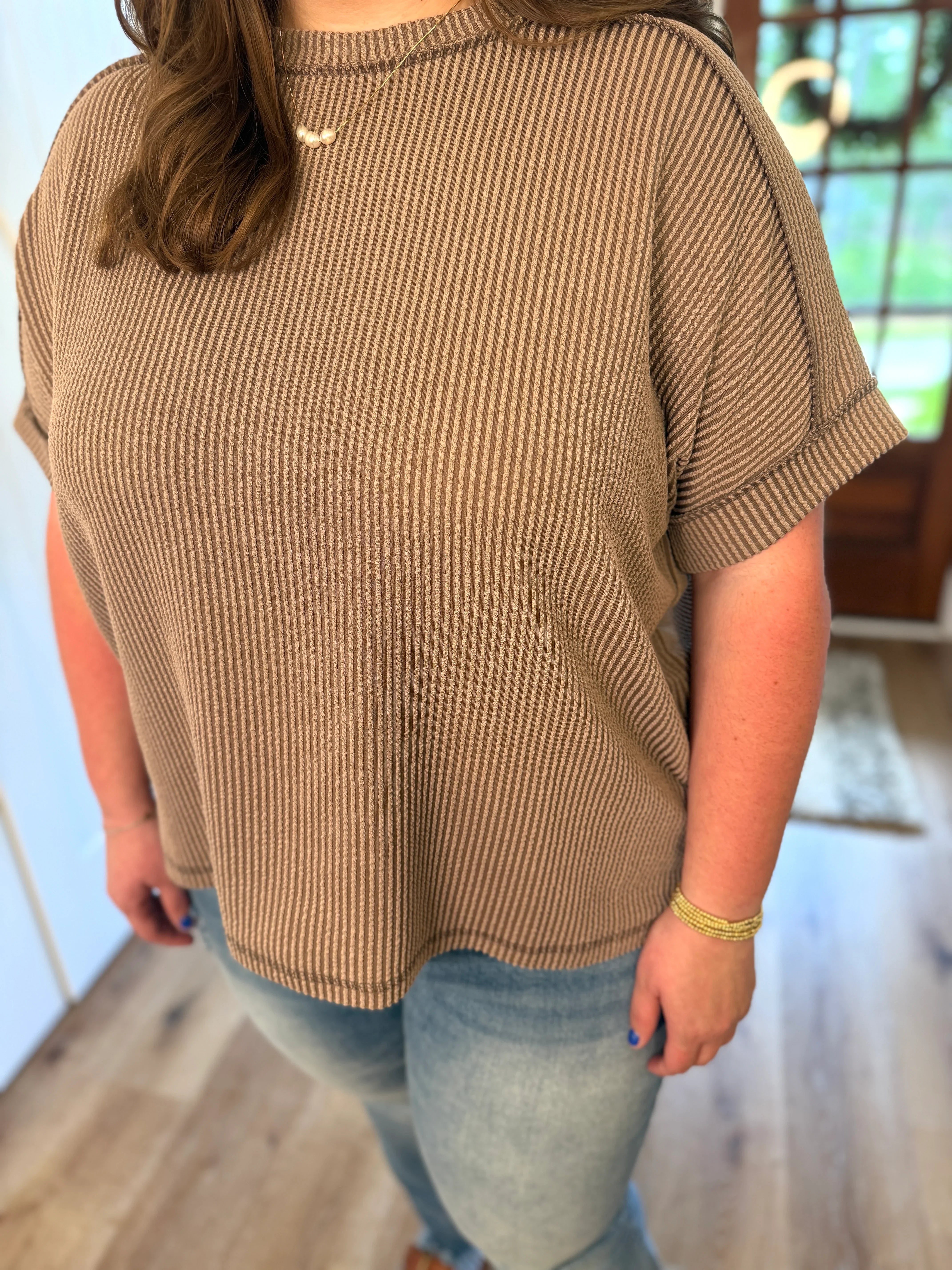 ARIA Corded Raw Edge Top (Mocha) (S-3X) - Sassy and Southern
