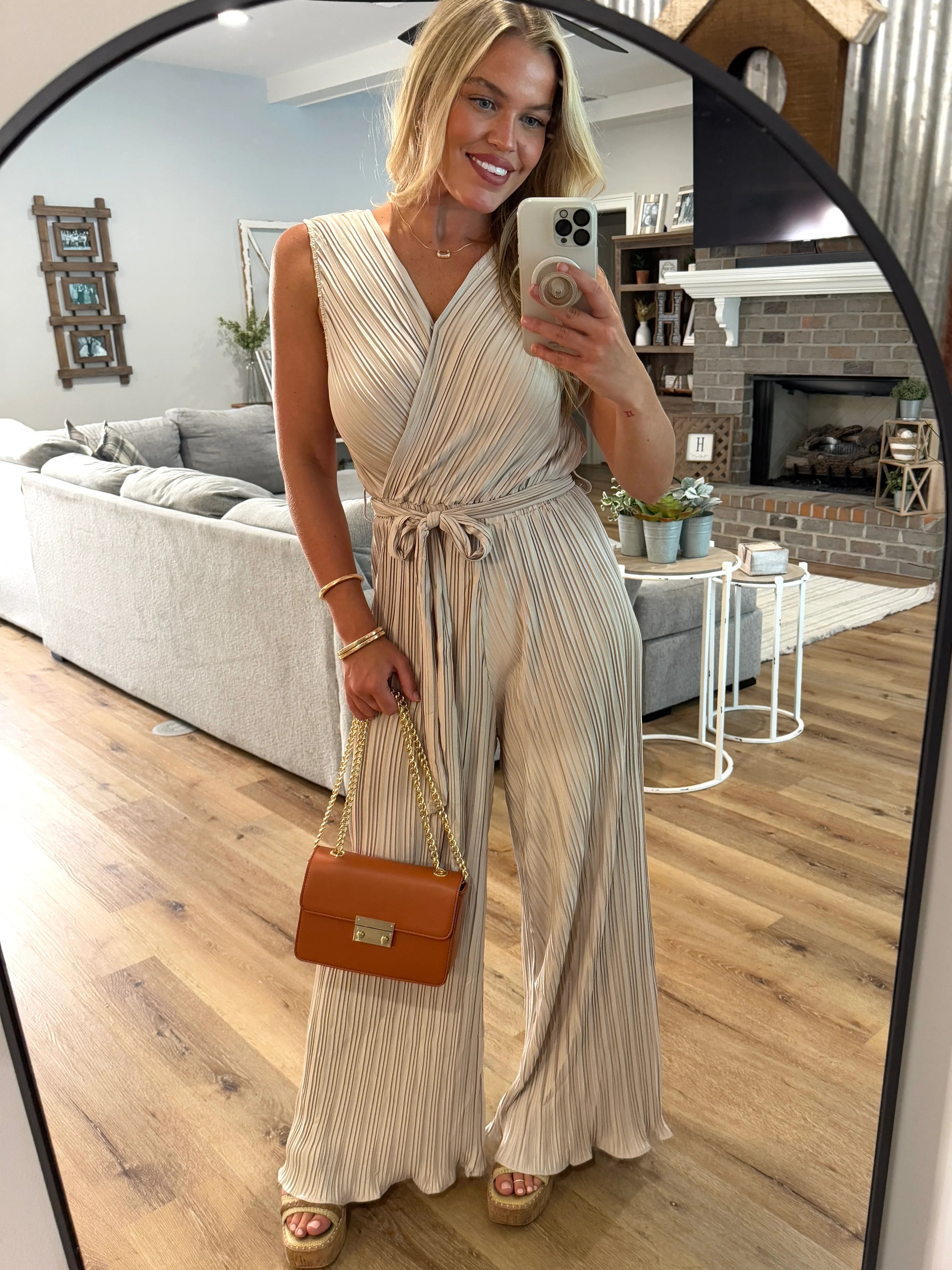 KYLIE Sleeveless Crinkle Jumpsuit (Taupe) - Sassy and Southern